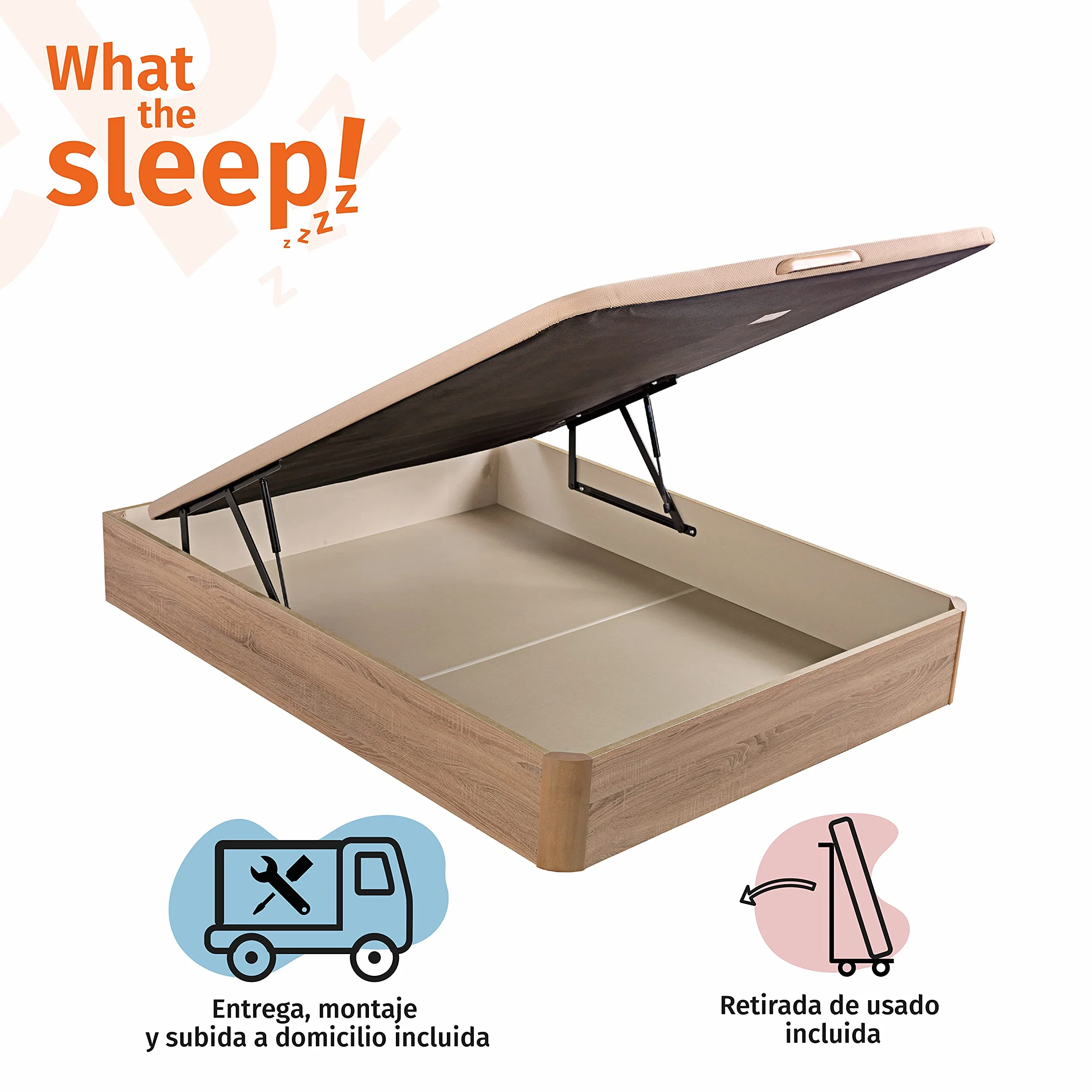 What The Sleep | Canapé Abatible de Madera Gran Capacidad | 135x190 | Montaje y Retirada Usado Incluido | Natural | 32 cm | Apto Todos Colchones | Esquinas Delanteras Redondeadas | Storage Bed