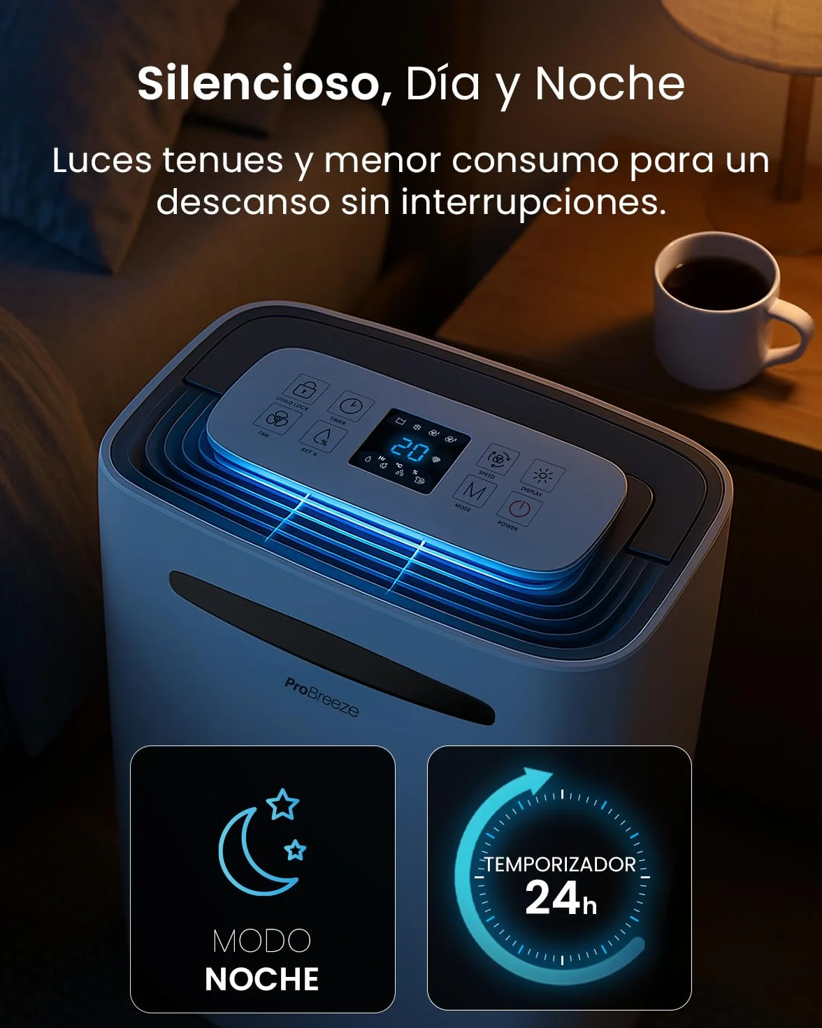 Pro Breeze deshumidificador inteligente 20L/día con Wi-Fi, sensor de humedad, modo ropa y drenaje continuo para condensación y moho en casa