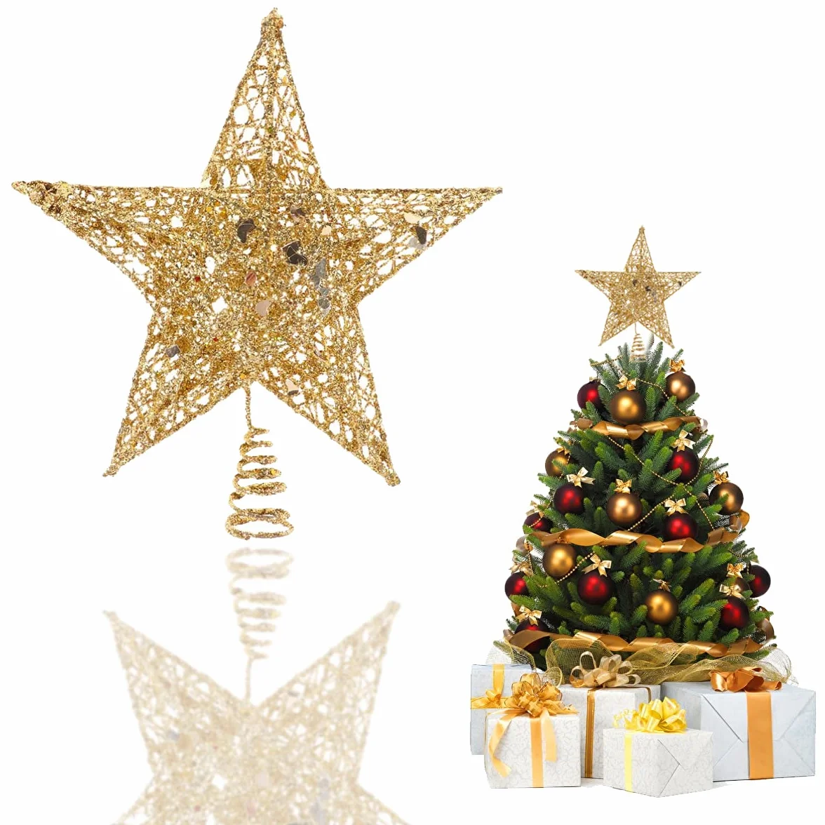 YEAP Estrella Topper del Árbol de Navidad, Adorno de Cinco Puntas, Decoración Navideña, 20 cm, Dorado