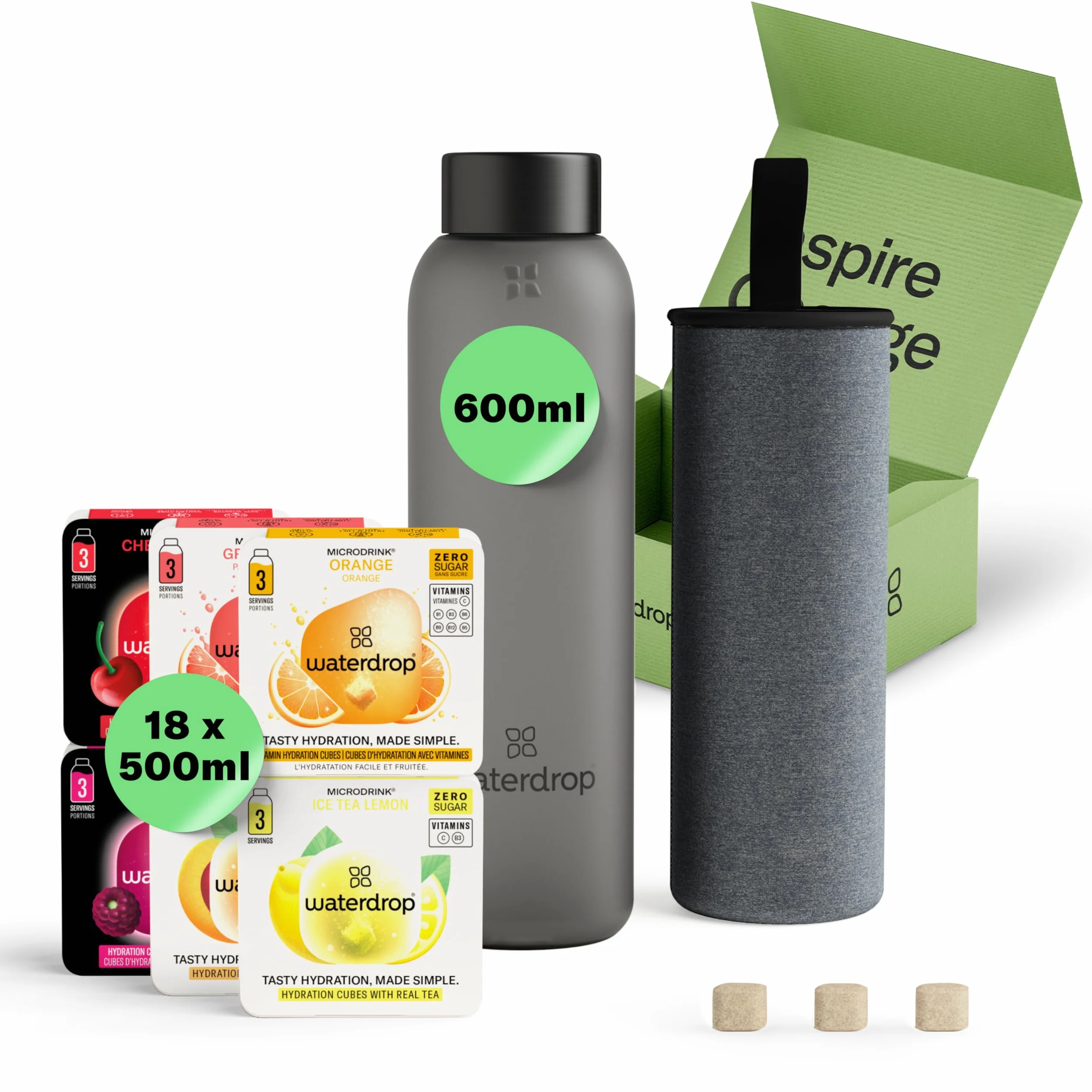 Waterdrop Starter Set, Botella de Vidrio 600ml + 18 Cubos Microdrinks, Saborizantes para Agua, 0 Azúcar