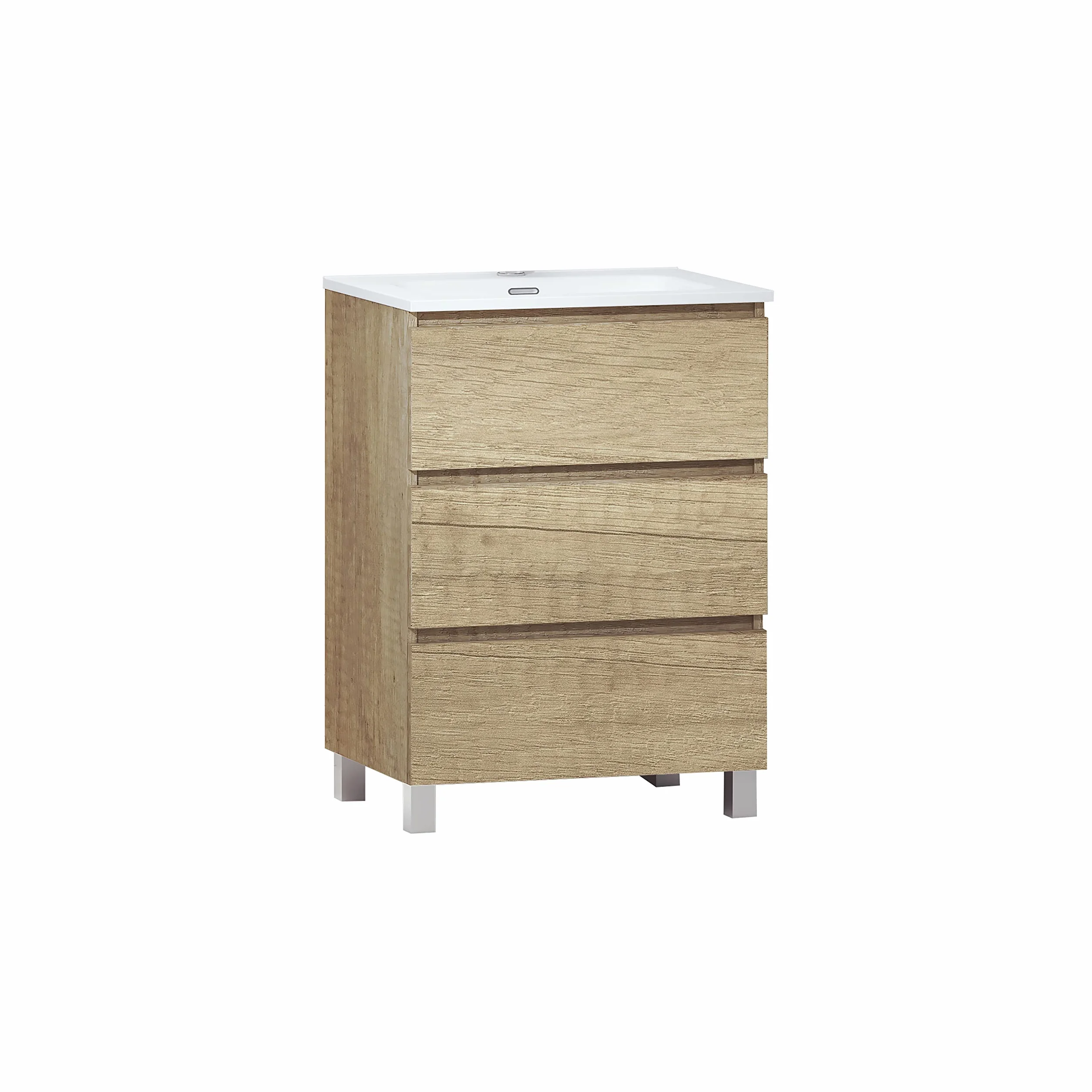 Baikal Mueble de Baño TRIX, Distribución de 3 cajones, con Patas y con Lavabo cerámico. Melamina 16mm. Distintas Medidas y Acabados Disponibles. Mueble MONTADO