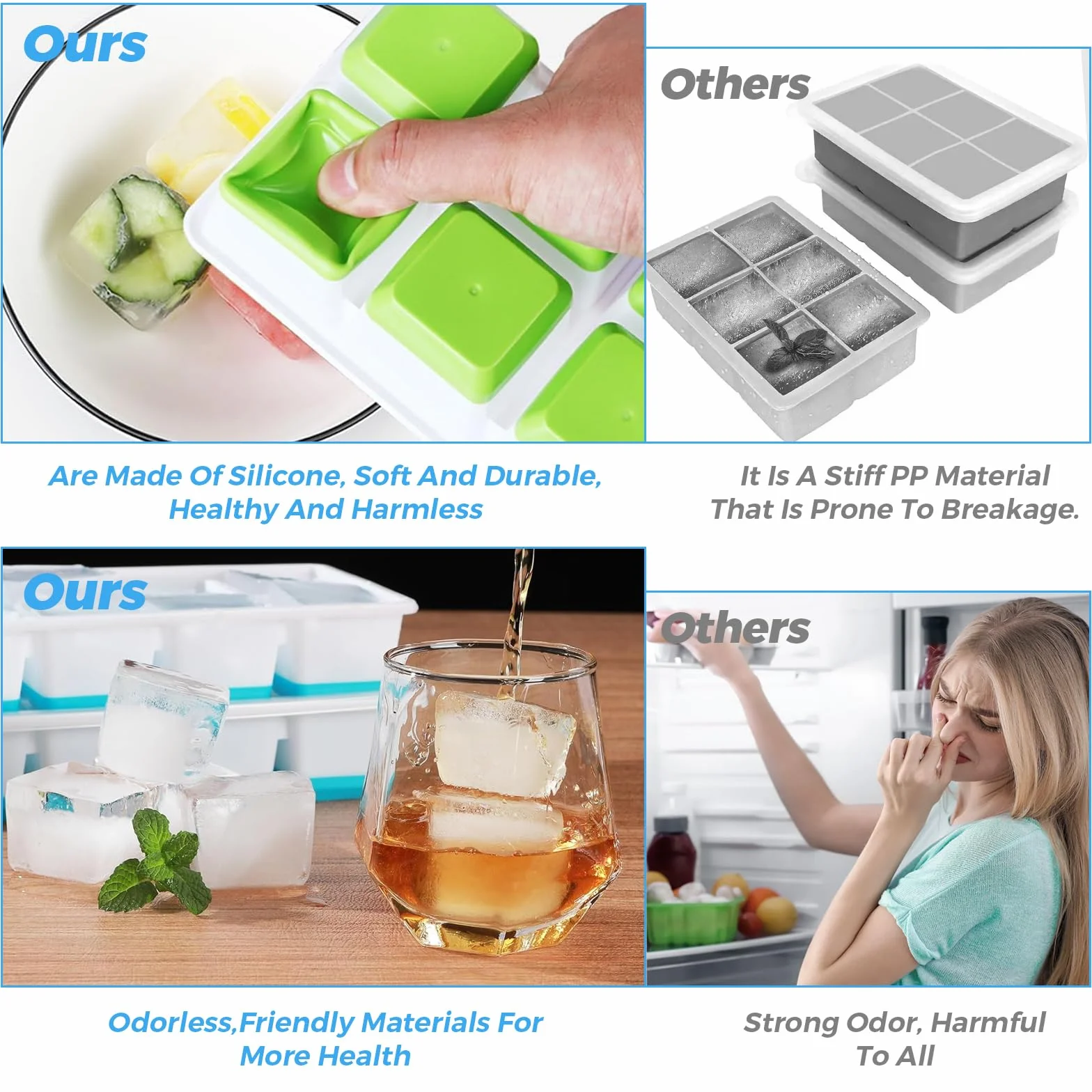 Bandejas de cubitos de hielo de silicona con tapa para whisky, sin BPA, apilable, reutilizable (verde+azul)