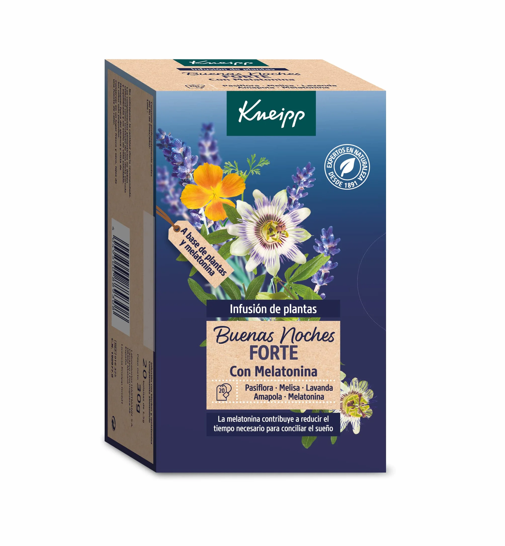 Kneipp Infusión Buenas Noches Forte, Melatonina, Pasiflora y Lavanda, 20 Bolsitas (1,5 g)