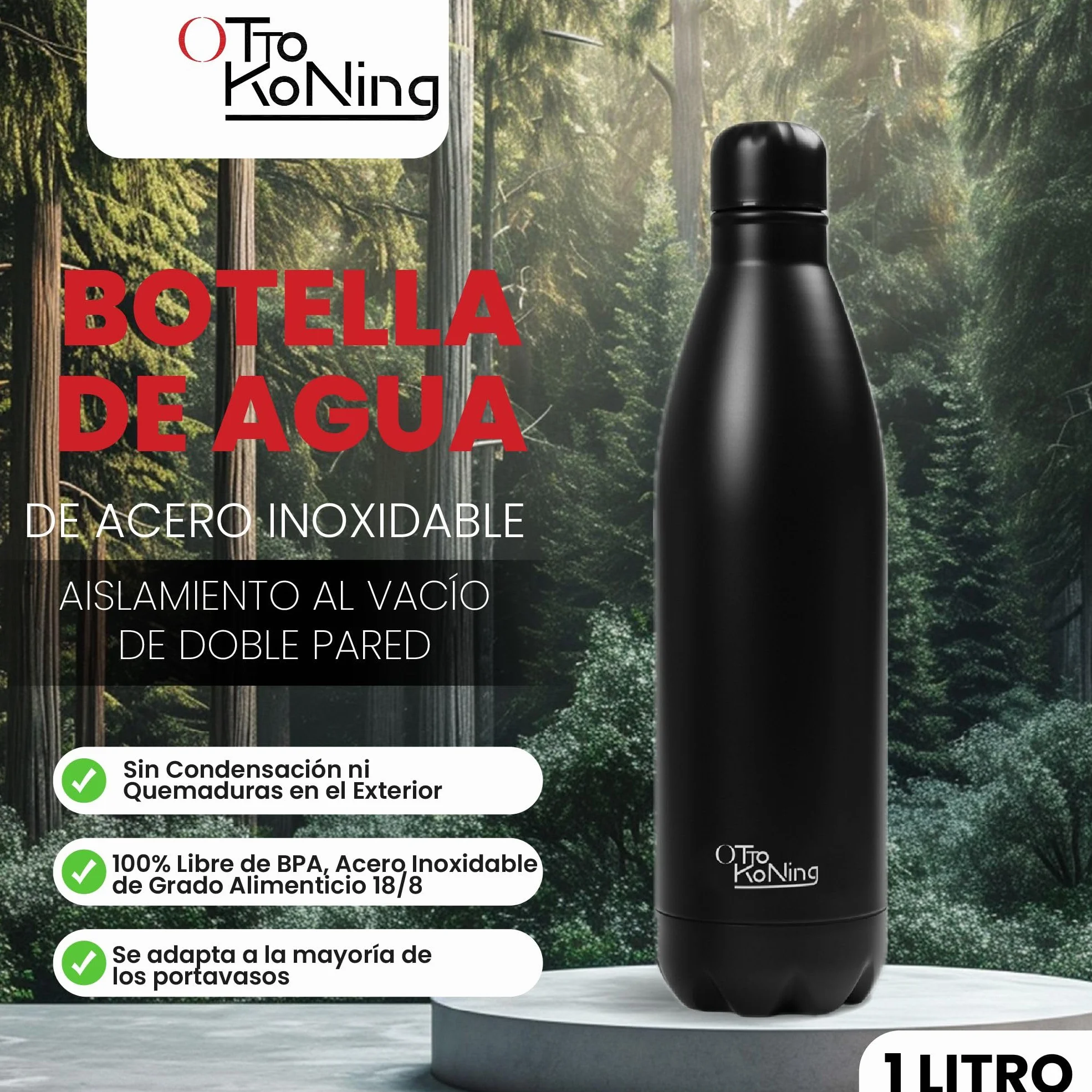 Otto Koning Botella Agua Acero Inoxidable 1 Litro Térmica Doble Aislamiento Vacío