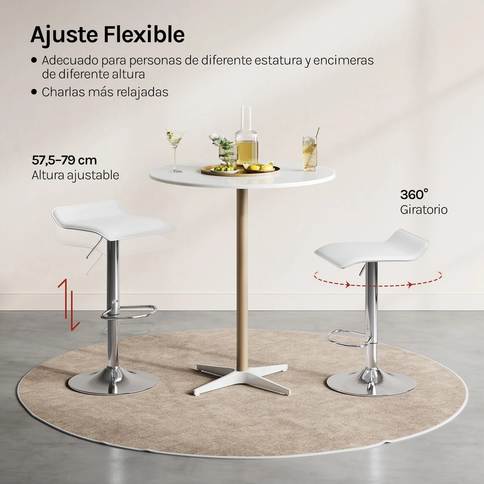 WOLTU Taburetes Cocina Giratorios 360° Altura Ajustable Asiento PVC Blanco+Plata