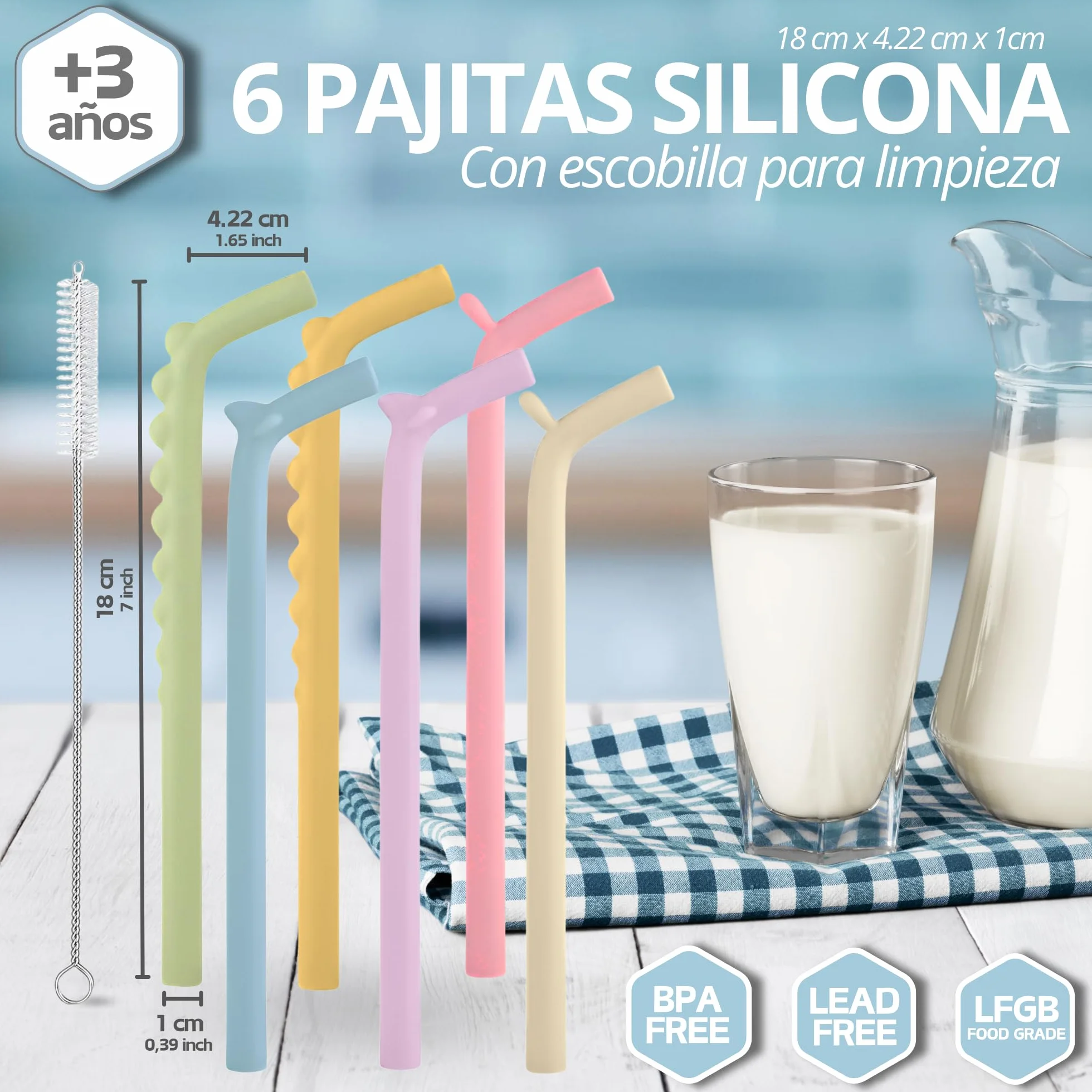 Pajitas reutilizables silicona niños Pack 6 + Cepillo Limpieza Sin BPA LFGB