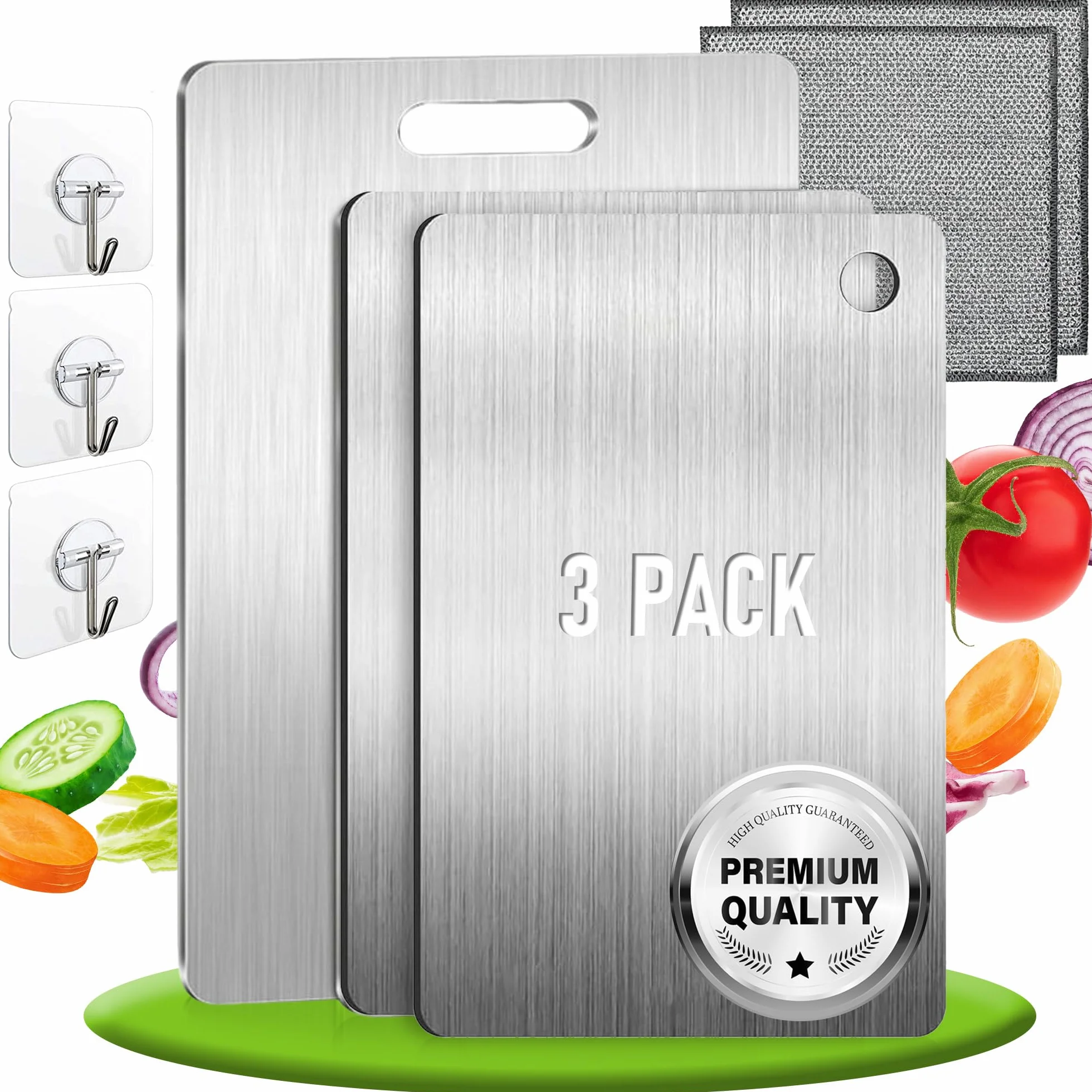 SET de 3 Tabla de Cortar con Aleación de Titanio para Cocina de Acero Inoxidable SUS316 y SUS 304 + Ganchos y Paños - Tabla de Cortar de Titanio Resistente + Reversible y Antibacteriana | 3-Stars