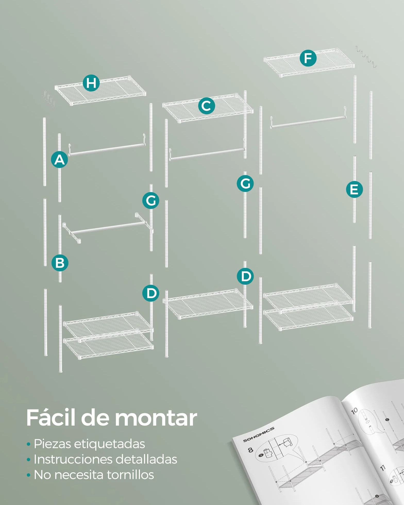 SONGMICS Armario de Ropa, Armario de Metal con Estantes Ajustables, Barras para Colgar y Ganchos, Duradero, Perchero Separable, Blanco Nube LGR431W01