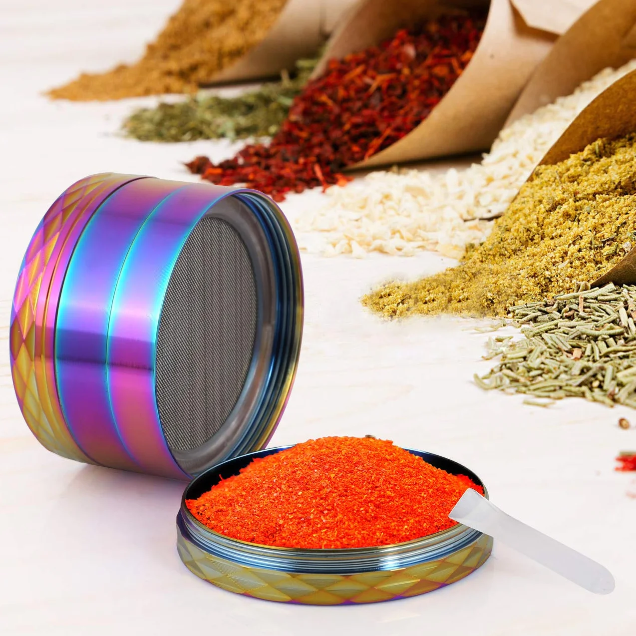 LIHAO Grinder Moledor de Especias Molinillo de Especias Metálico 50mm 4 pisos Duradero Aleación de Zinc (Multicolor con Pliegue)