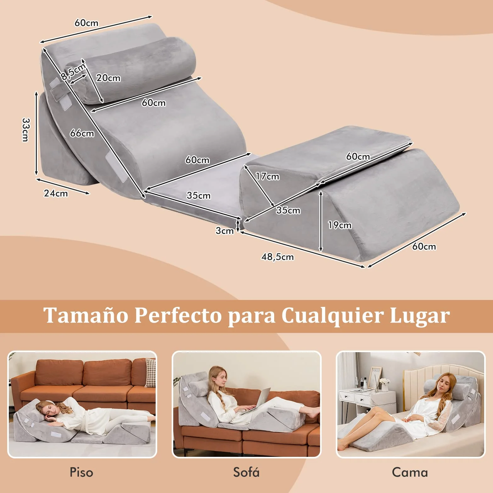 COSTWAY Almohada de Cuña para la Cama de 6 Piezas, Juego de Almohadas de Espuma de Memoria para Aliviar el Dolor de Cuerpo, Almohada de Soporte de Espalda Cómoda Ajustable y Extraíble, Gris
