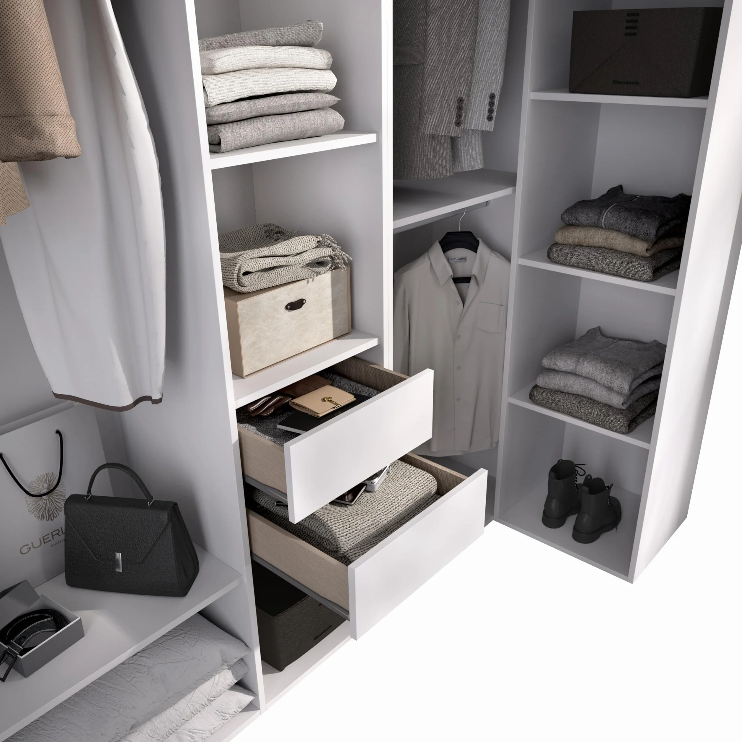 DEKIT GRUPO RIMOBEL SUIT - Conjunto de armario-vestidor rinconero con dos cajones - BLANCO/NATURAL - 205 x 1825 x 79,5