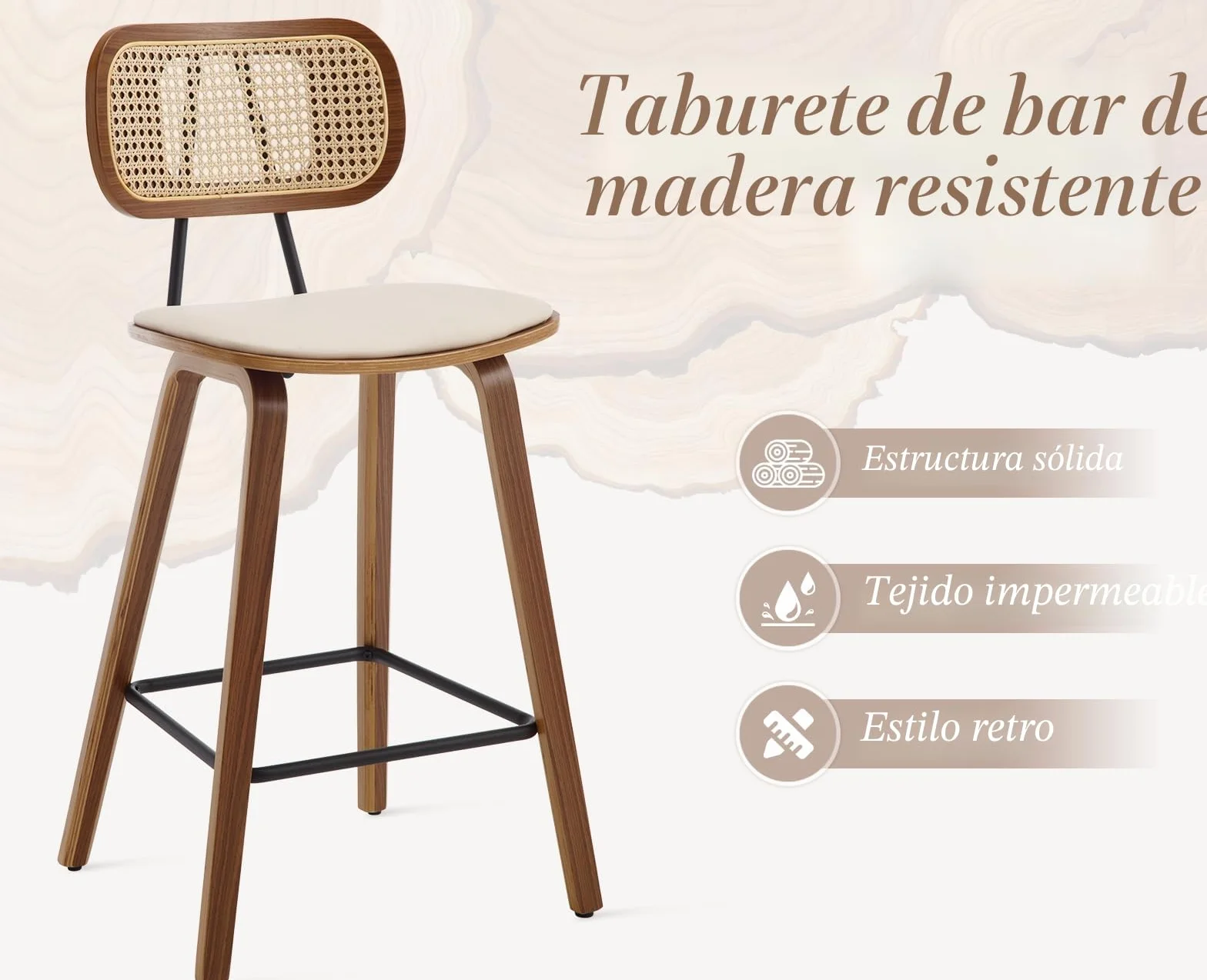 chairus Juego de 2 Taburetes de Bar de Madera Taburetes Altos de Cocina con Respaldo de Ratán, Sillas Altas con Asiento de Cuero PU para Isla de Cocina/Restaurante, Biege