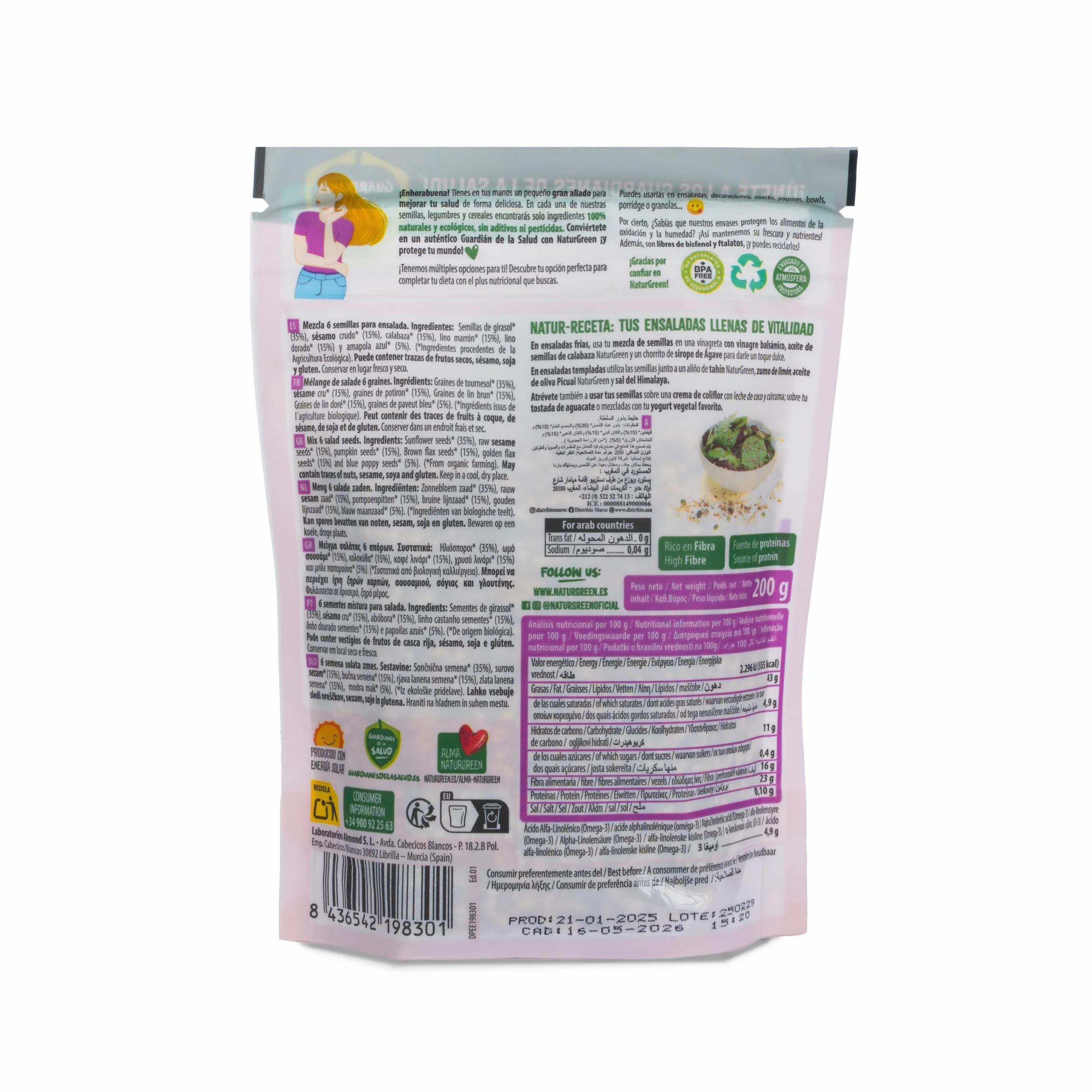 NaturGreen Mezcla de 6 Semillas Ensalada Bio 200 g Ecológico Vegano