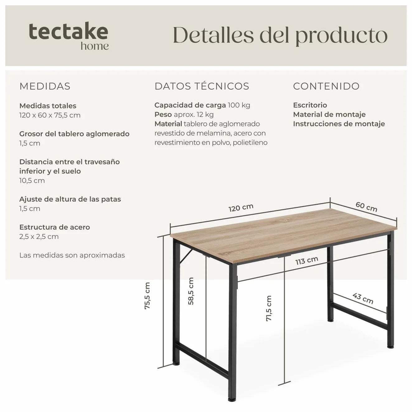 Tectake Mesa Escritorio de Madera Roble Sonoma Industrial 60x120x75.5 cm Oficina