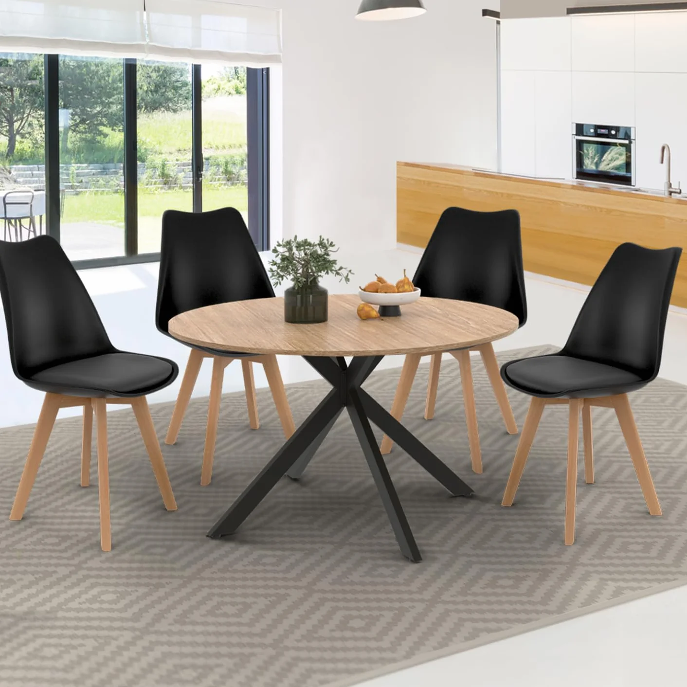 IDMarket Alix - Mesa de comedor extensible redonda 4-8 personas, patas de araña madera y negro, 110-150 cm