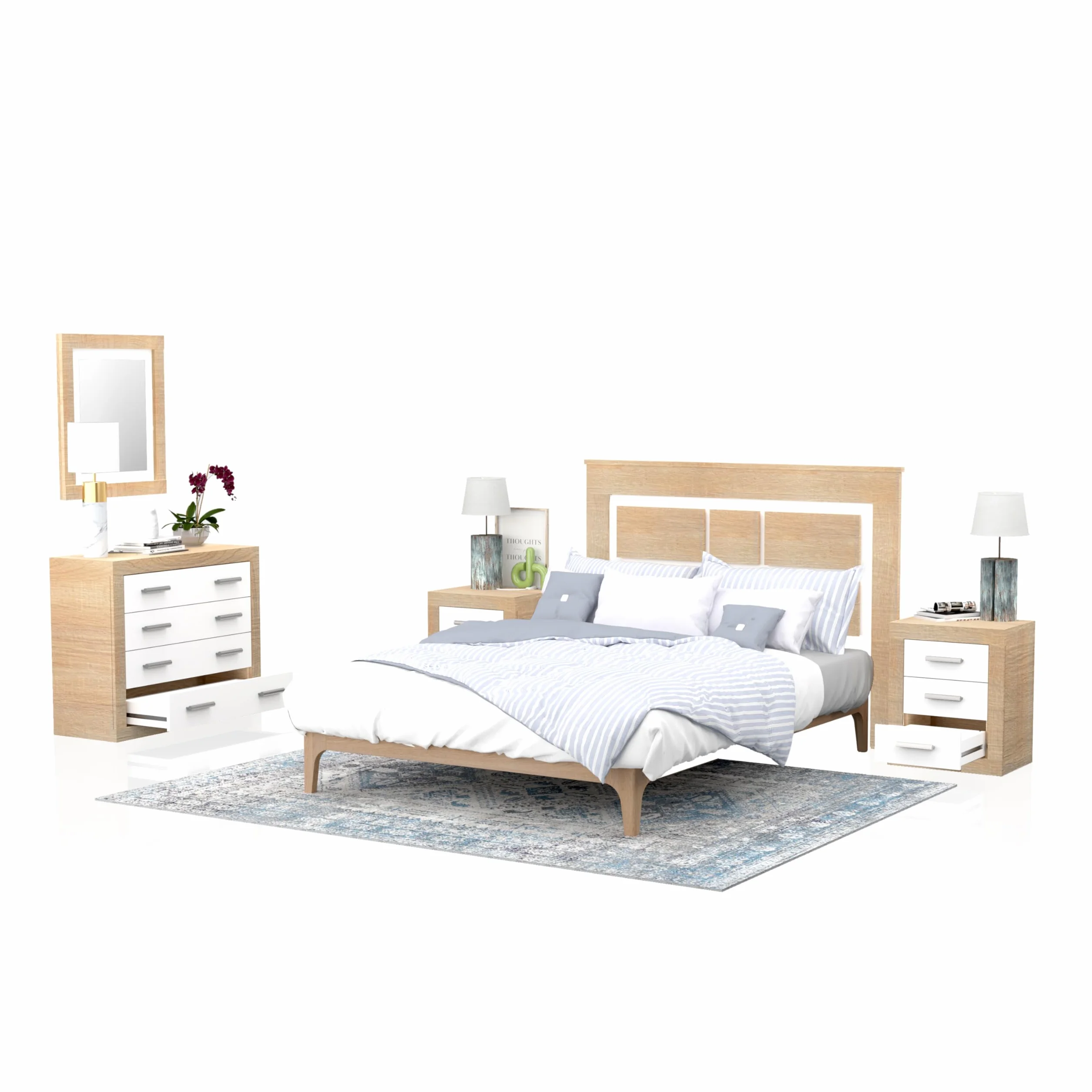 duehome | Conjunto de Dormitorio Kira 4c - Cabecero + 2 Mesitas de Noche + Comoda y Espejo, Acabado en Cambria y Blanco