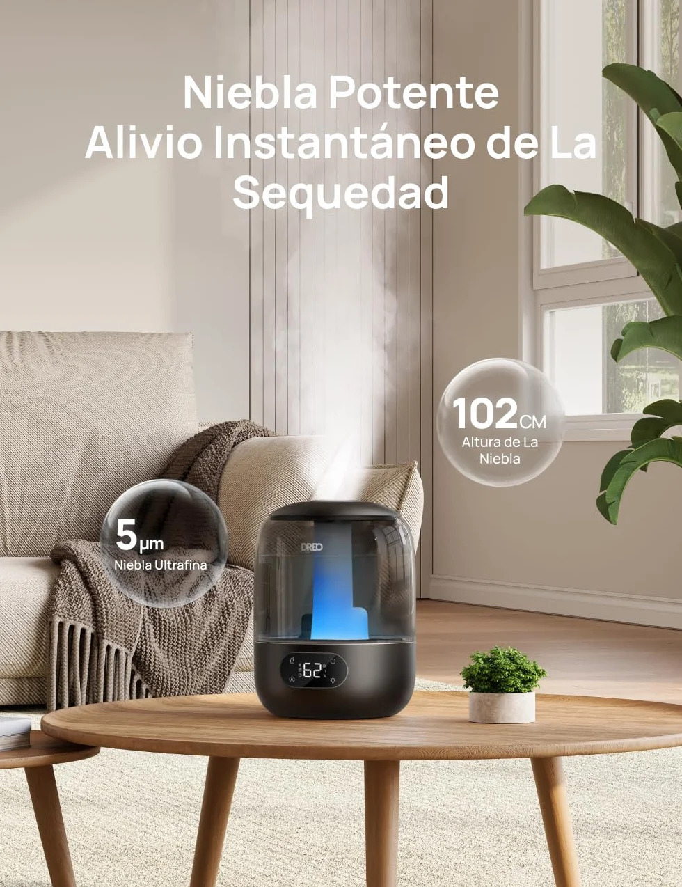 DREO Humidificador Ultrasónico 3L 26dB Silencioso con Sensor de Humedad, Niebla Fría, 30h, Boquilla 360°, Negro