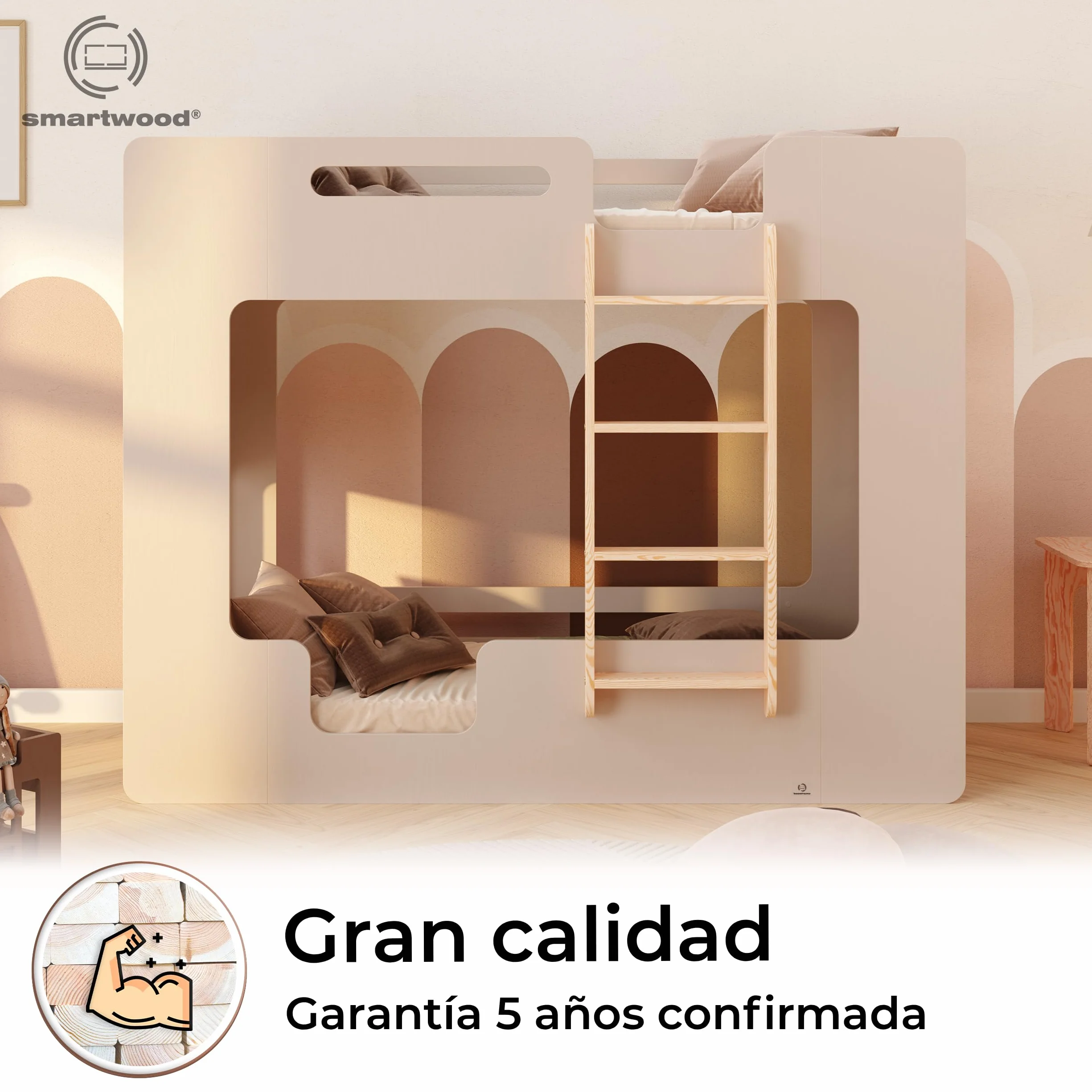 smartwood Litera Infantil 80x180 cm Cachemira - Cama Litera de Madera con Barandillas de Seguridad y Somier de Láminas - Soporta hasta 230 kg - para Niños y Niñas - Mimi B