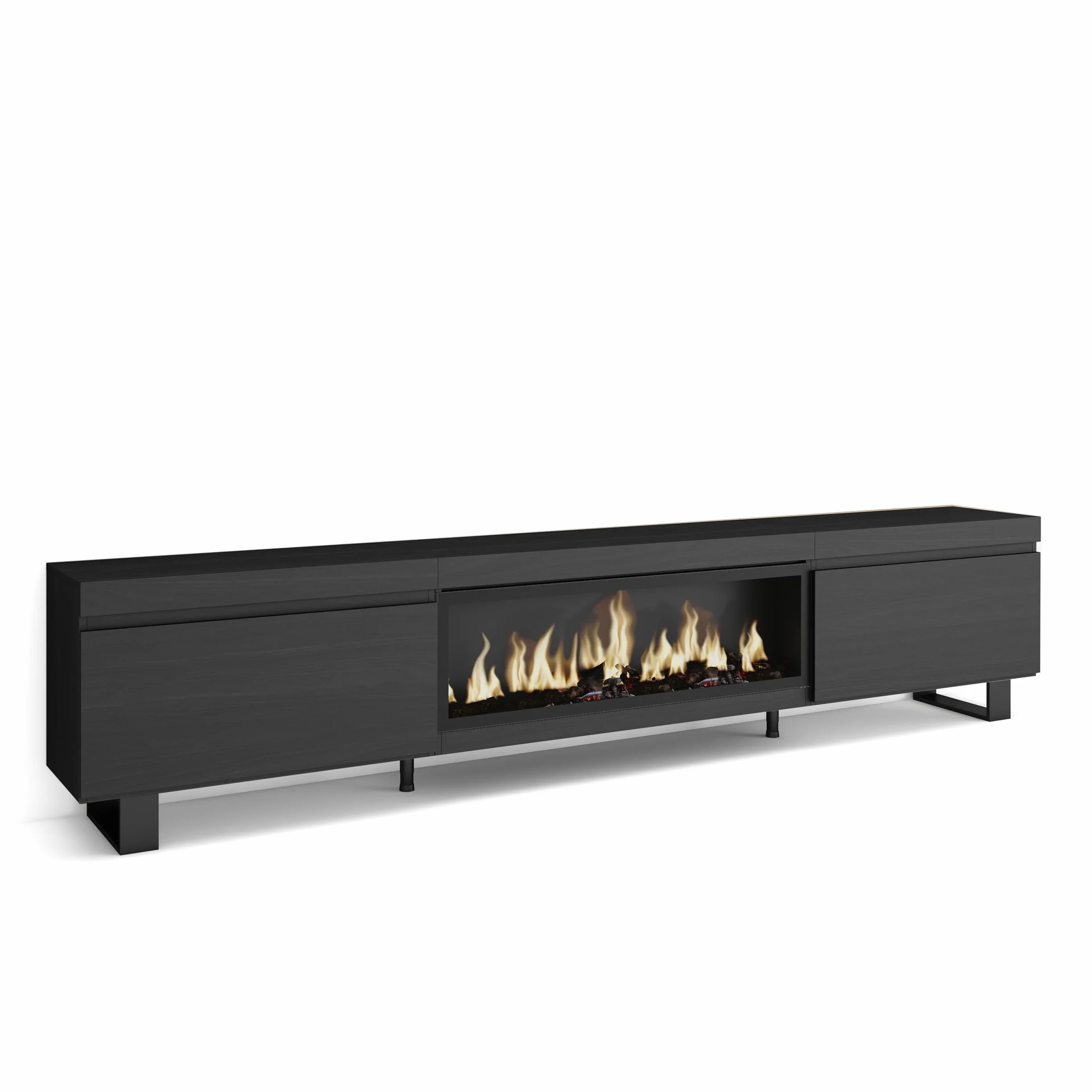Skraut Home | Mueble TV | Televisión | Muebles de salón, almacenaje | 267x57x35 cm | para TV Gran Formato | Chimenea eléctrica XXL | Diseño Industrial | Estilo Moderno | Negro