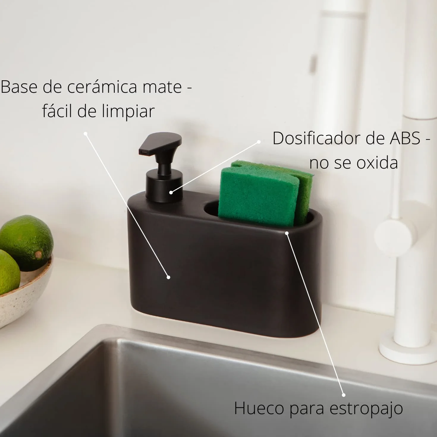 Juego de Accesorios de Cocina | Incluye 1 x Salero de Cocina con Tapa basculante de Bambú y 1 x Dispensador de Jabón de Cocina con Hueco para Guardar el Estropajo | Negro Mate