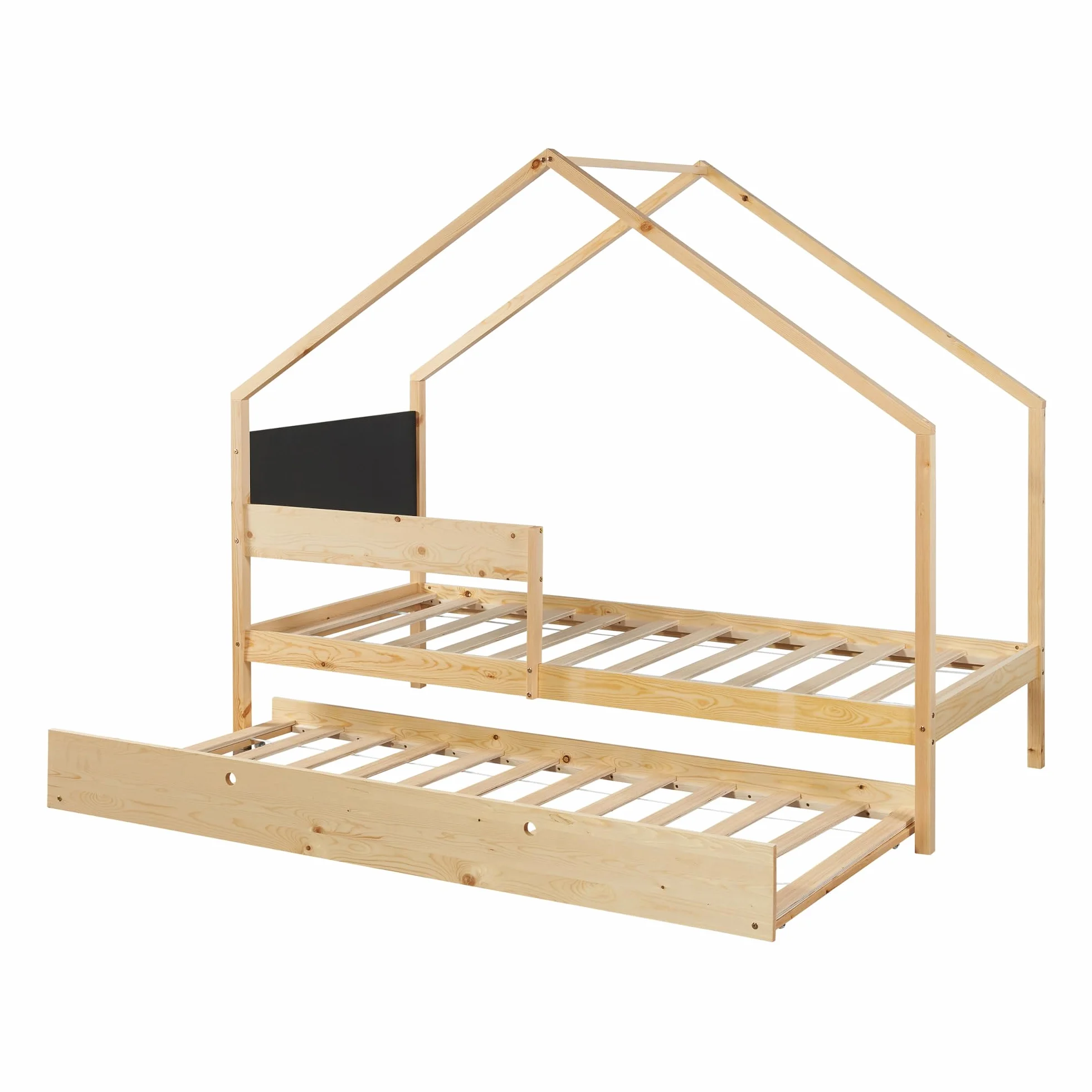 [en.casa] Cama Nido para Niños Niñas Estilo Montessori Cama Infantil con Cajón/Cama Extraíble Barandilla y Somier Forma de Casa máx. 100 kg/Cama Madera de Pino 90 x 200 cm - Natural/Negro