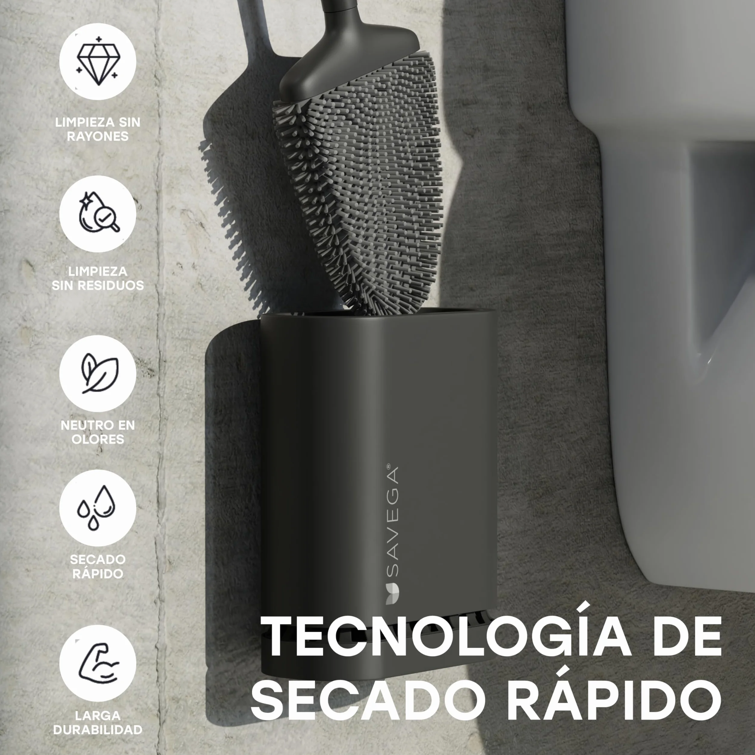 SAVEGA Escobilla Baño Silicona con Cabezal Flexible - Escobilla WC Negra con Escobillero Higiénico y Montaje sin Taladro (Negro Mate, Set de 1)
