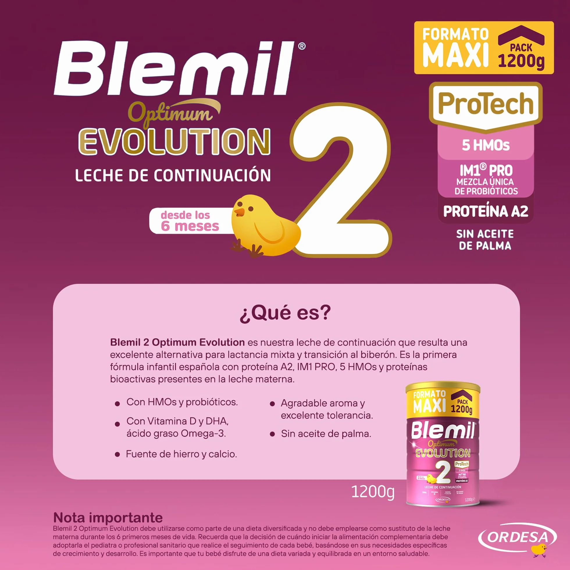 Blemil 2 Optimum Evolution 1200g Leche de Continuación en Polvo para Bebé Desde 6 Meses