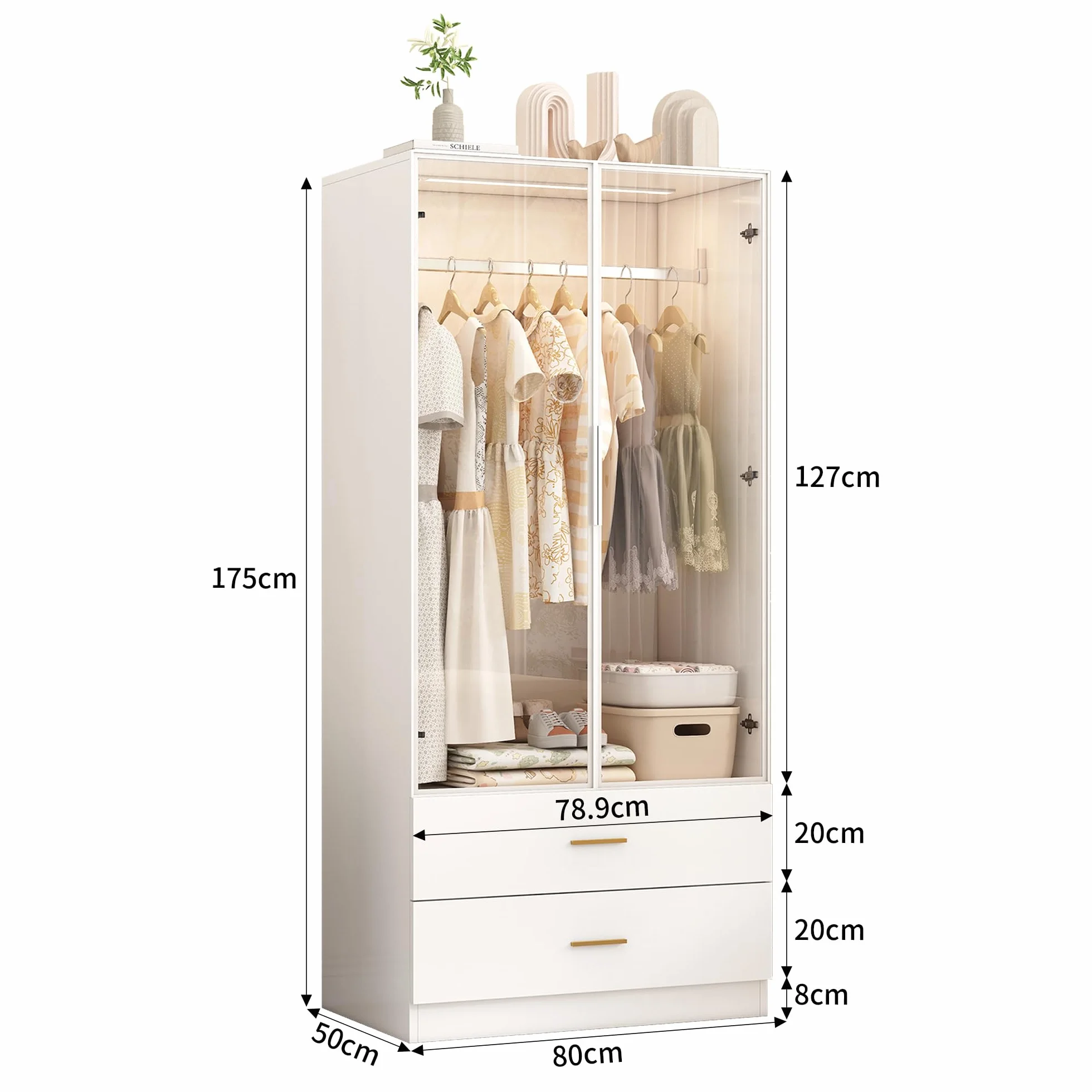 Armario moderno blanco con luz LED y puertas de vidrio 80x50x175 cm MDF