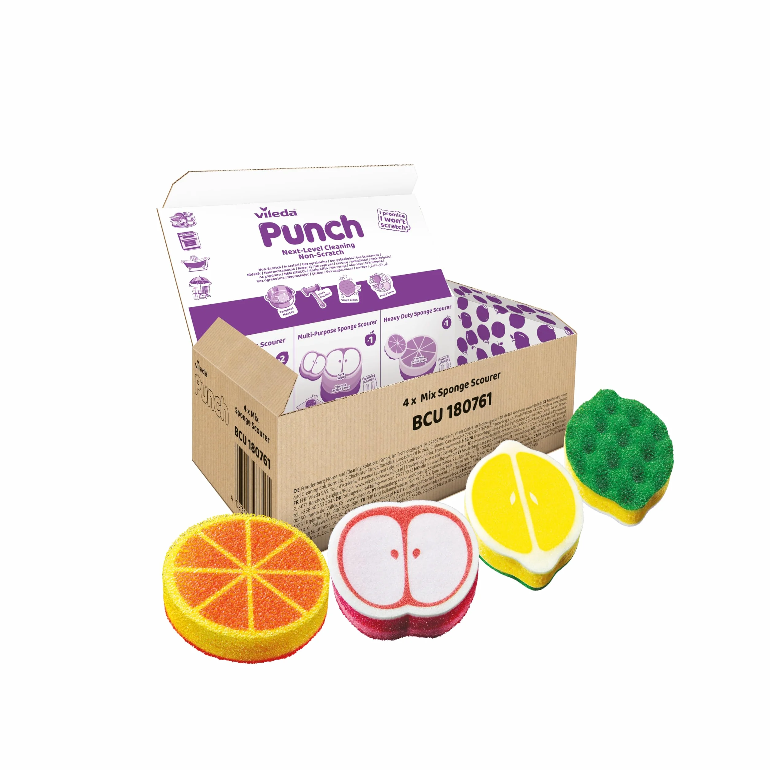 Punch de Esponja, Pack de 4 – Rectores potentes y Flexibles, Multiusos sin arañazos, con Perfume Fresco. Ideal para Cocina, baño y Exterior. Limpieza Diaria eficaz.