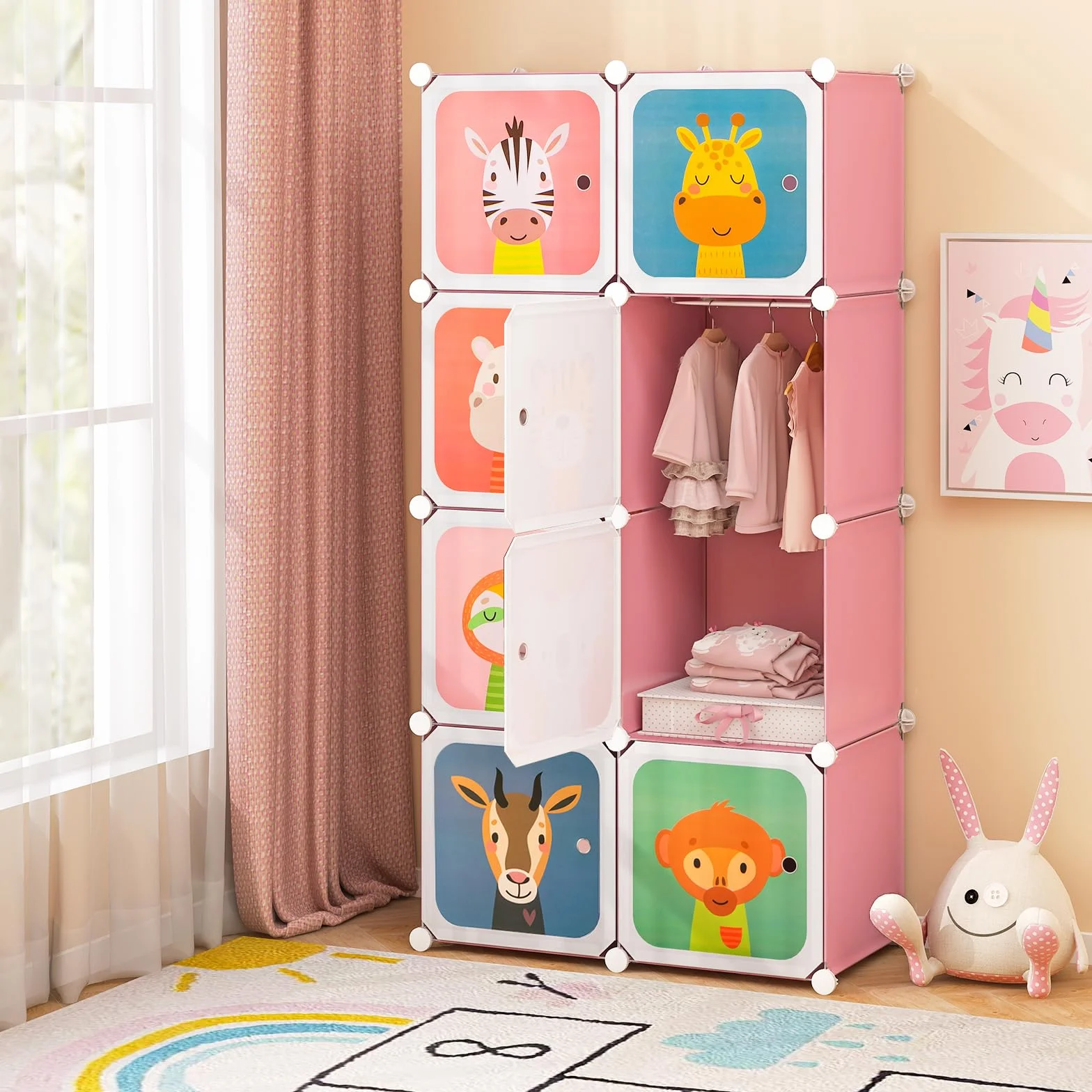 COSTWAY Armario Modular Infantil 8 Cubos Estantería Organizador Almacenamiento Juguetes 75x37x145 cm Rosa