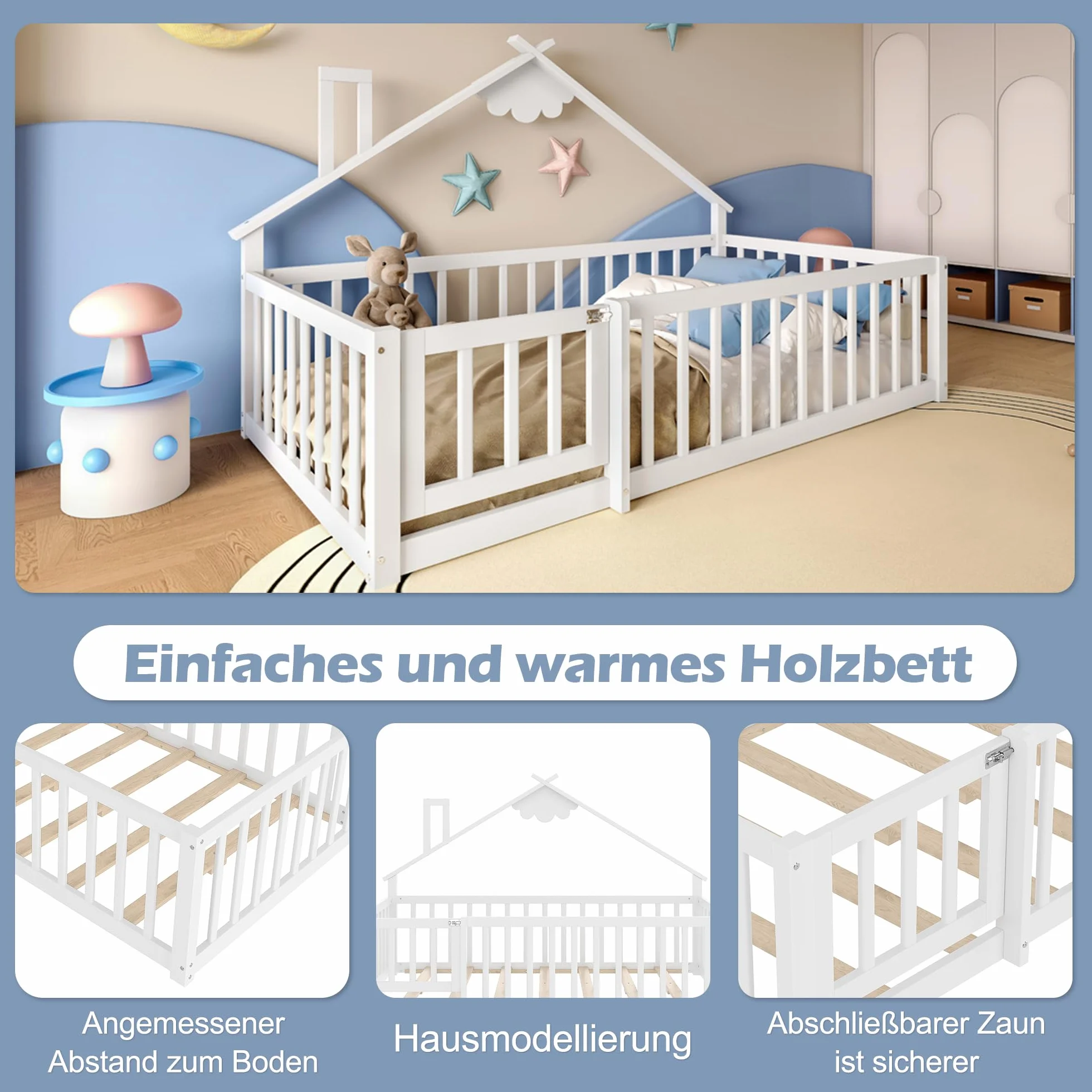 Cama de suelo de 90 x 190 cm con protección anticaída y puerta con cerradura, estructura de cama infantil, cama de madera de pino con somier, cama de madera, sin colchón