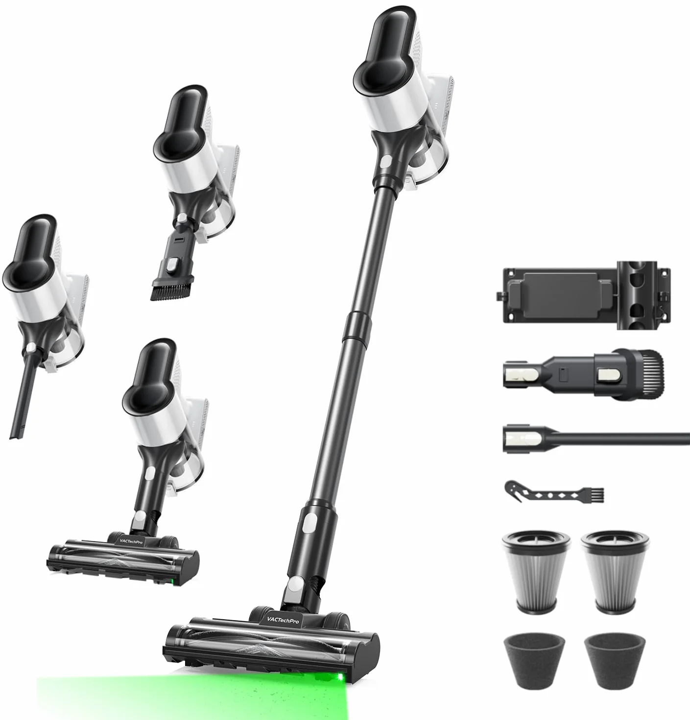 VACTechPro 550W/50Min/50KPA Aspiradora sin Cable F02 Lite, Escoba Aspirador sin Cable con Filtración de 8 Capas, Aspirador Vertical per Pavimenti/Tappeti/Peli, Aspirador sin Cable, Negro Y Blanco