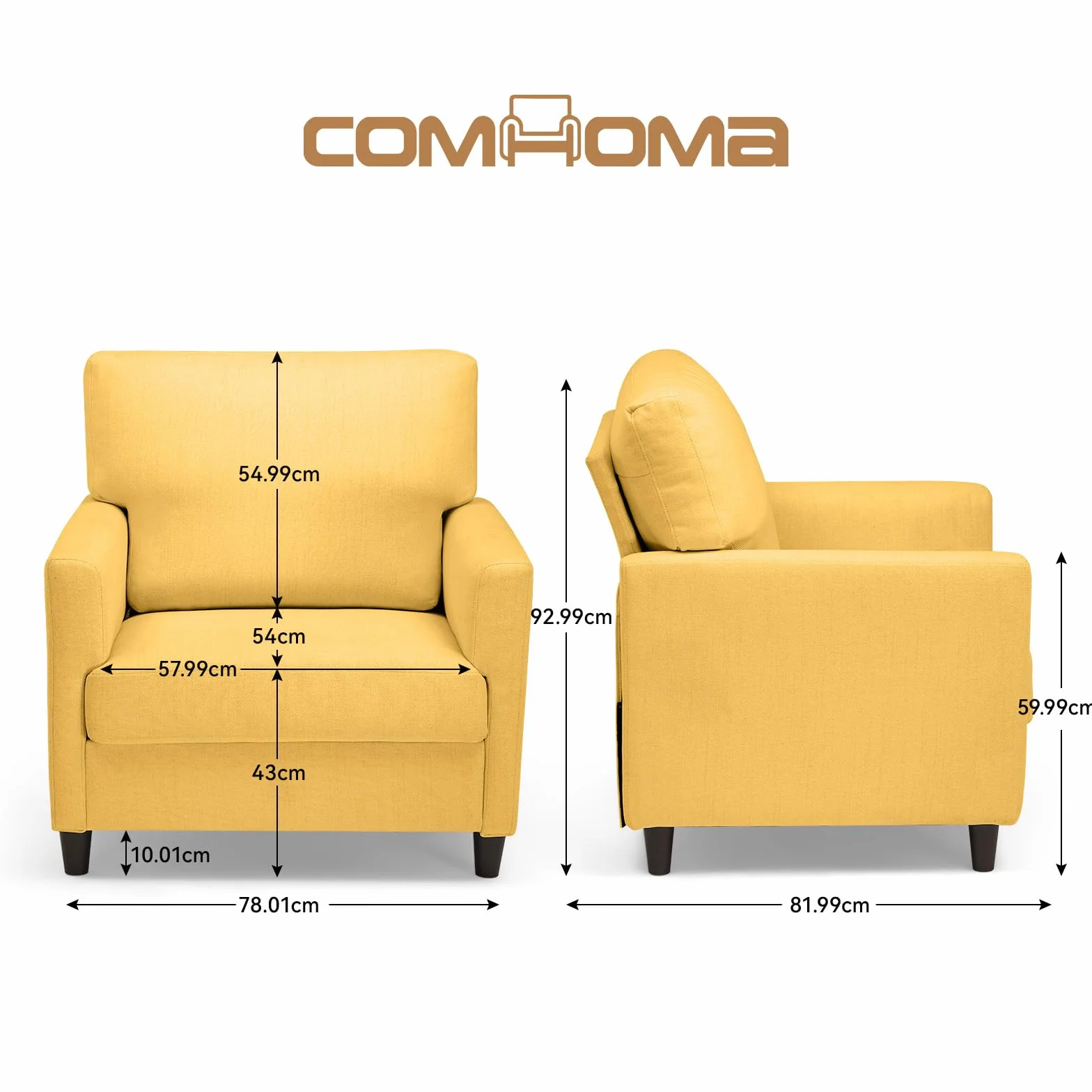 COMHOMA Sillón Salón, Sillón Relax, Silla Larga, con Apoyabrazos y Espalda Gruesa, Asiento Acolchado, Bolsa de Resortes Individual, Salón, Dormitorio, Cine en casa, Lino, Amarillo