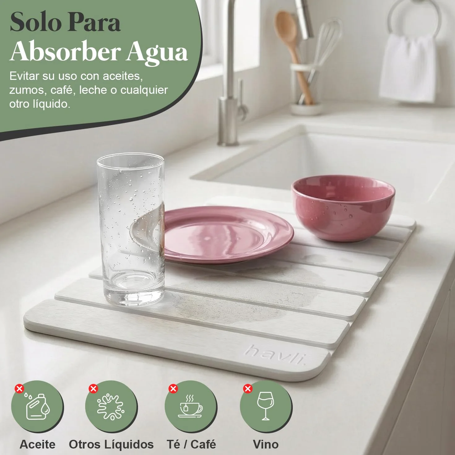 Alfombrilla Escurreplatos de Diatomita Plegable Absorbente Secado Rápido Cocina Antideslizante Base Cuero Sintético Incluye Lija Blanco