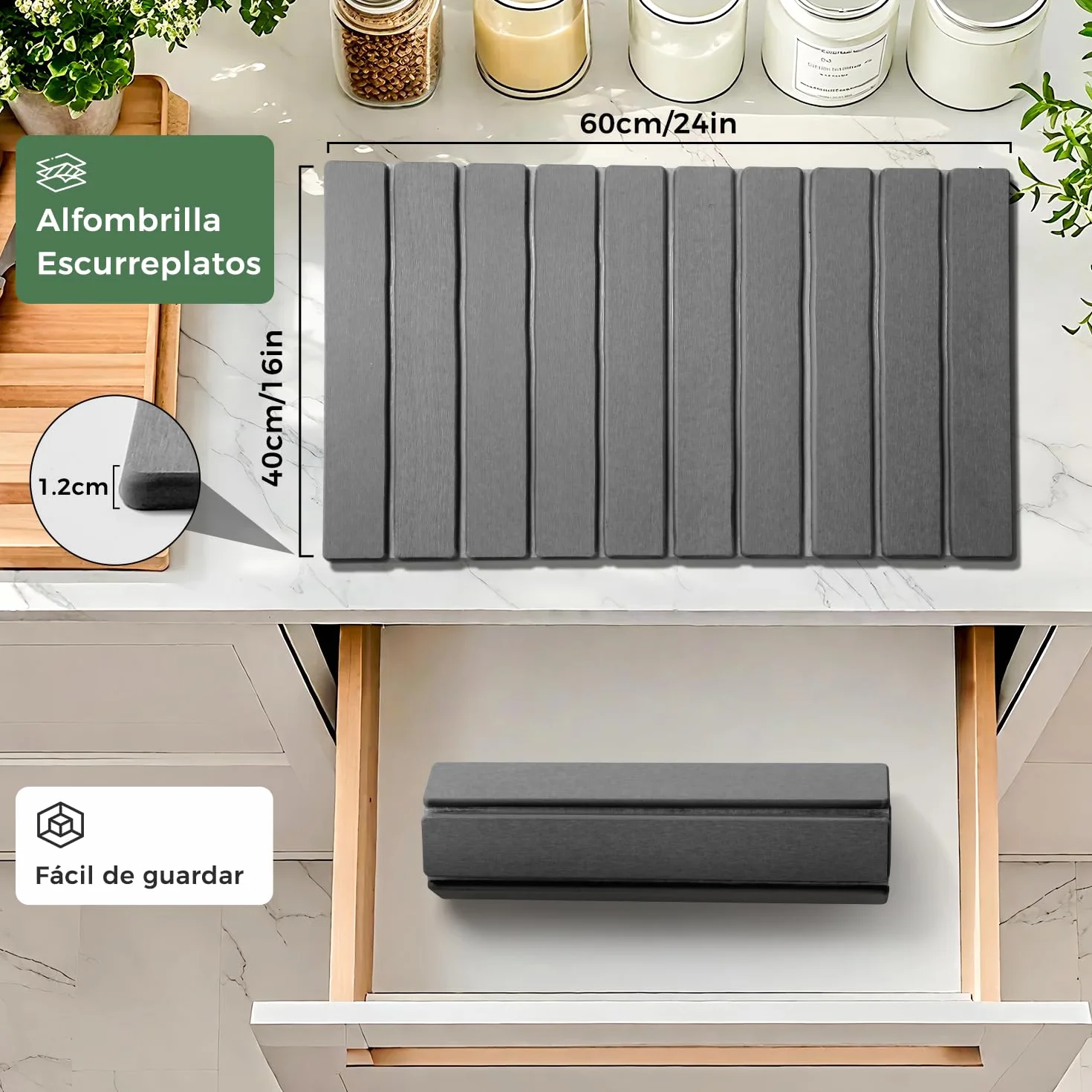 Alfombrilla Escurreplatos Plegable Absorbente Piedra Secado Rápido 60x40cm Gris Oscuro