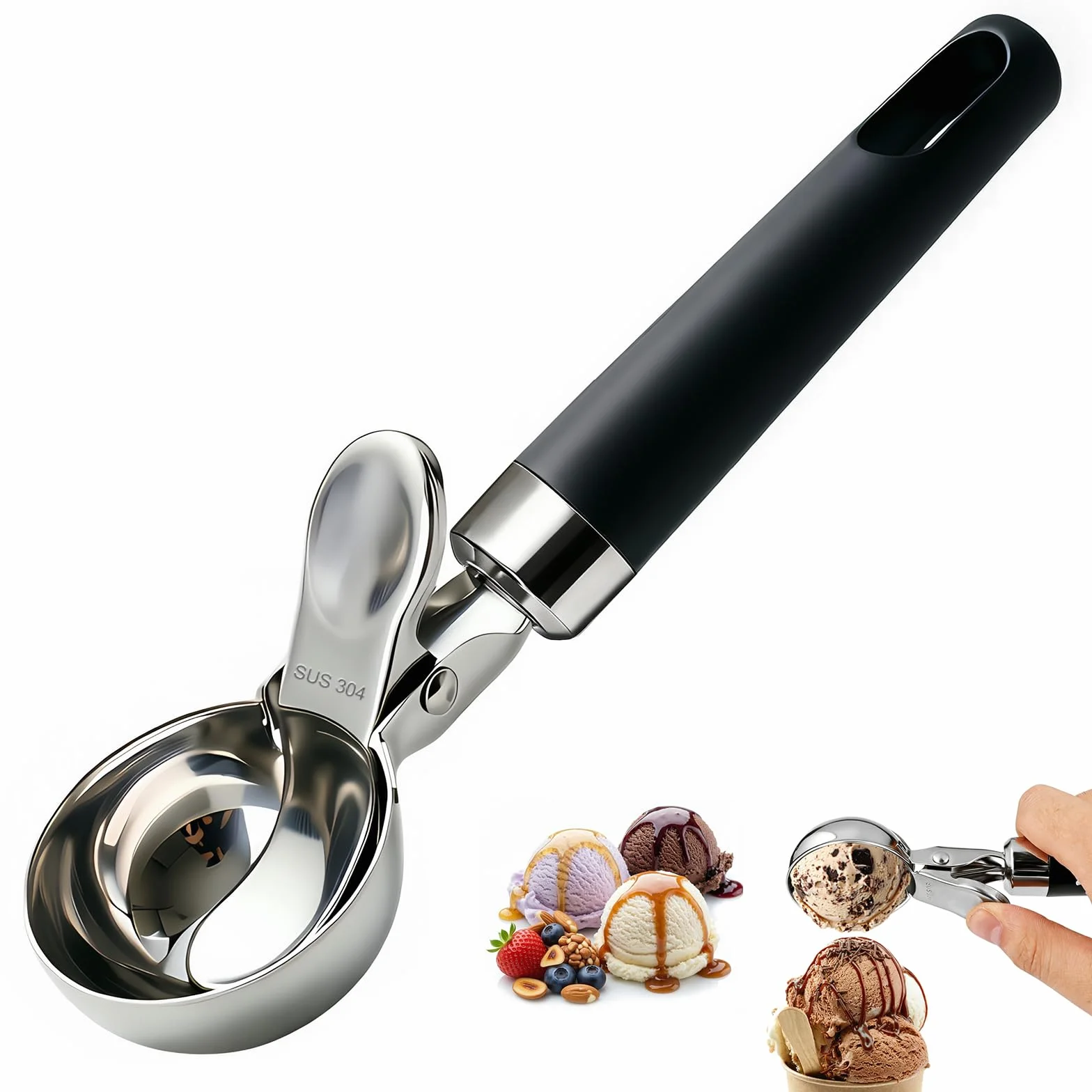 Cuchara Helado de Acero Inoxidable 21 cm, Sacabolas con Gatillo y Mango Cómodo, Pulido Espejo