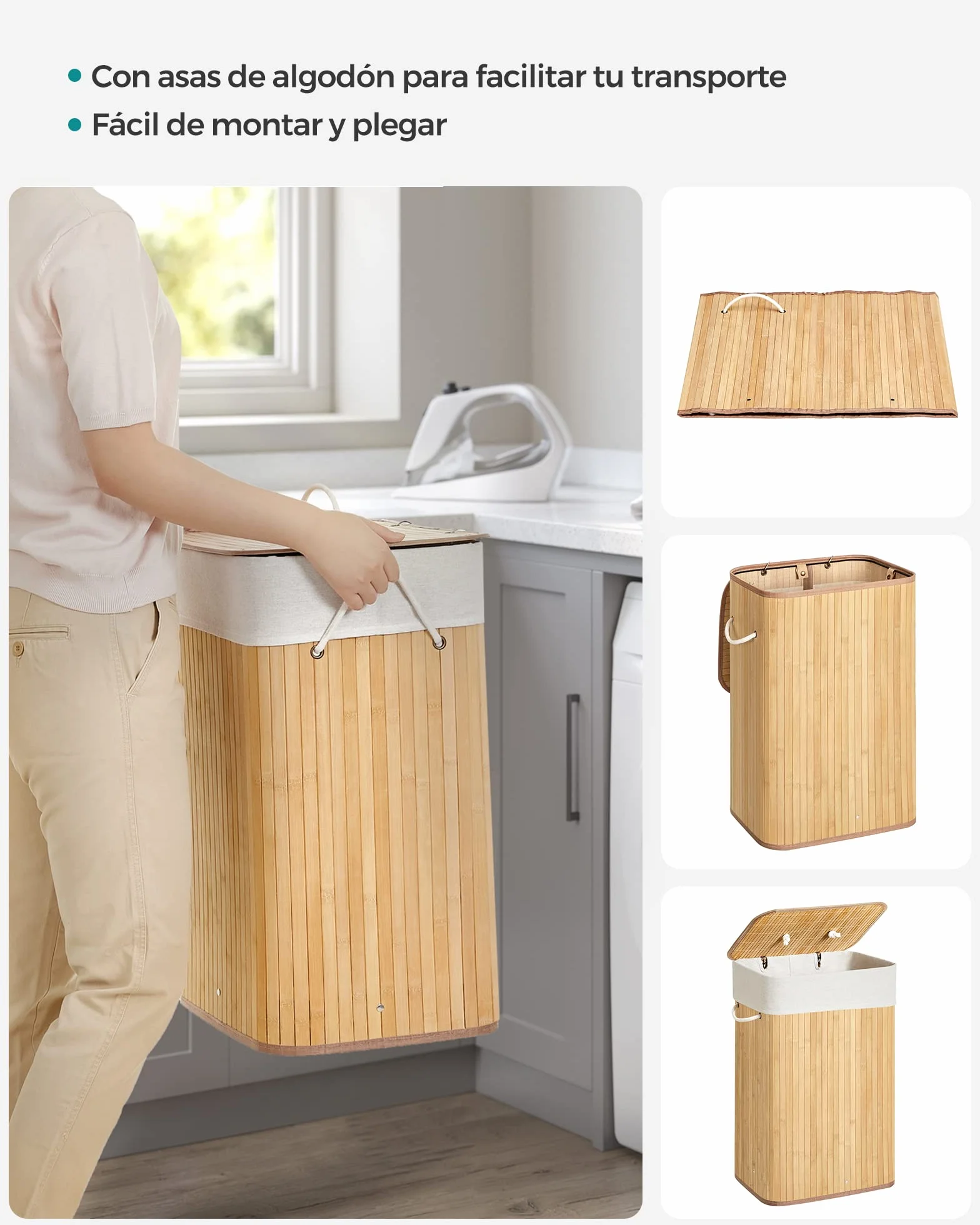 SONGMICS Cesto de la Ropa Sucia con Tapa 72 L Bambú Plegable con Bolsa Lavable Extraíble Natural LCB10Y