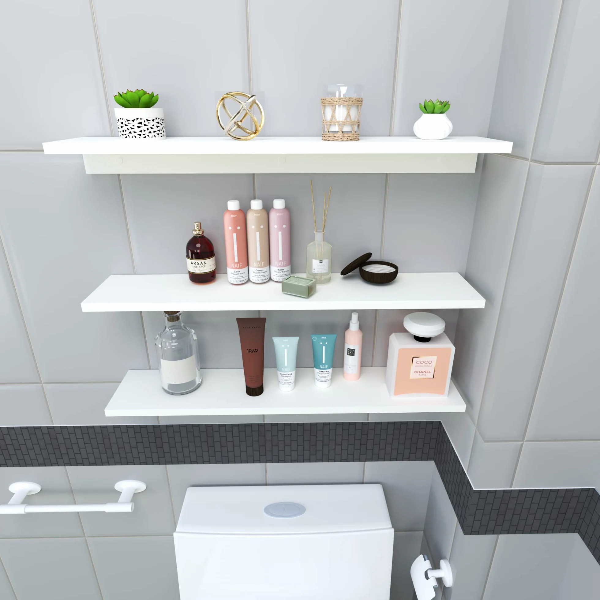 Henor Lote 3 Baldas Pared Madera 85 x 17 x 7.5 cm. Estantes Flotantes. Colgantes. Sala de Estar. Oficina en Casa. Baño. Cocina Blanco.
