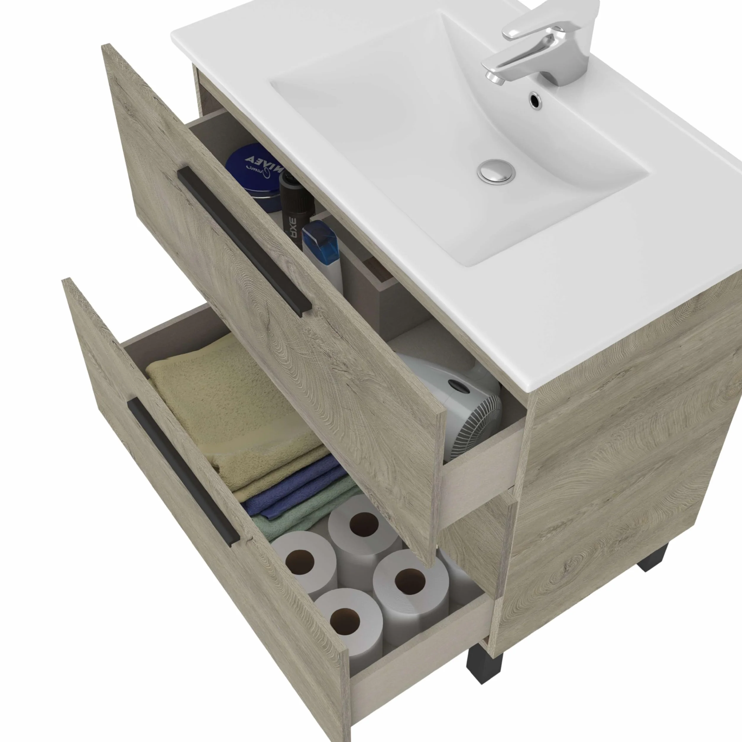 ARKITMOBEL Mueble de Baño Athena con 3 Cajones y Espejo, Módulo de Lavabo con Patas, Color Roble Alaska, Medidas: 80x86x45 cm (Lavabo No Incluido)