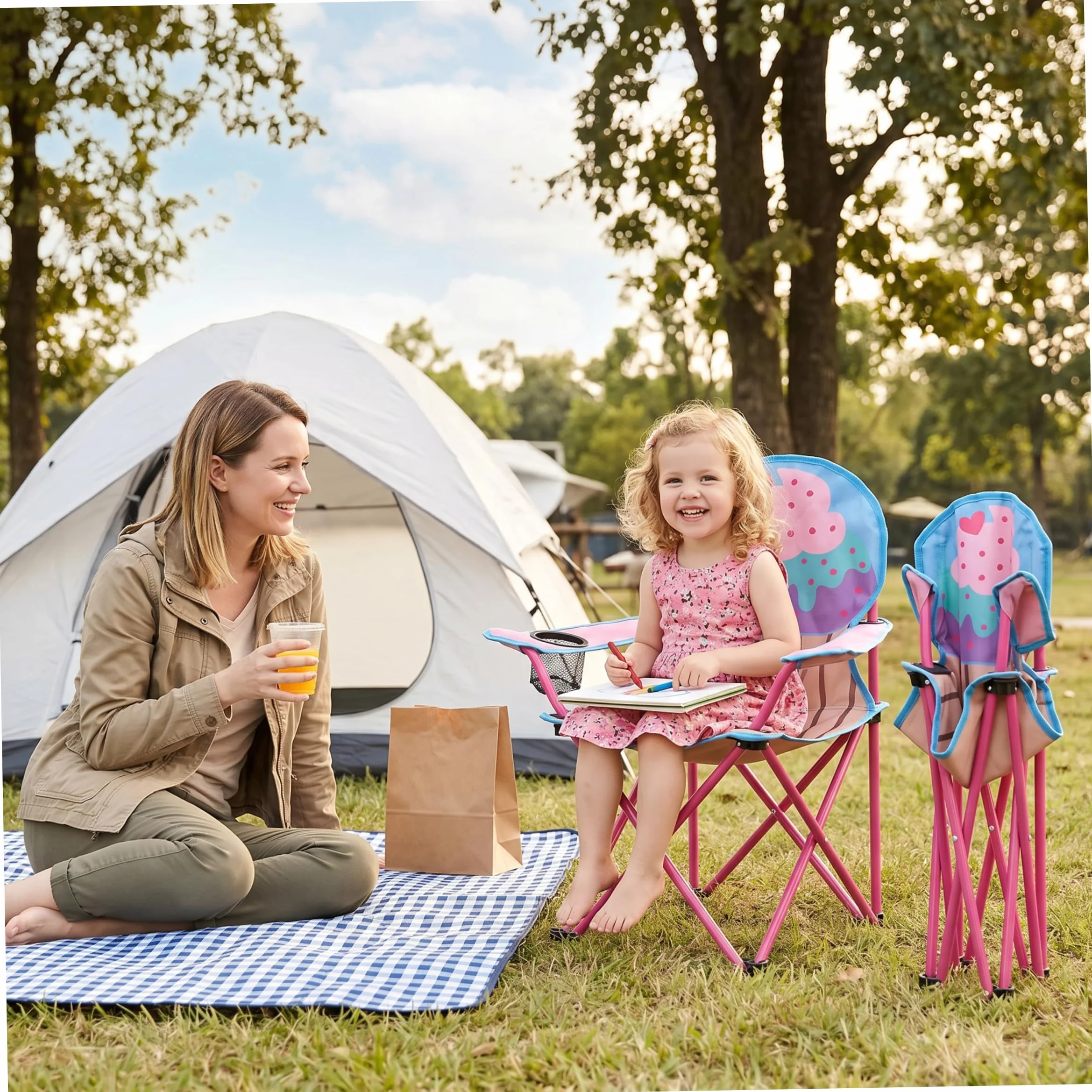 Silla plegable para campamento para niños con portavasos, silla portátil para exteriores para niños pequeños de tela Oxford 600D, patrón de helado de pastel, liviana para playa, senderismo, picn