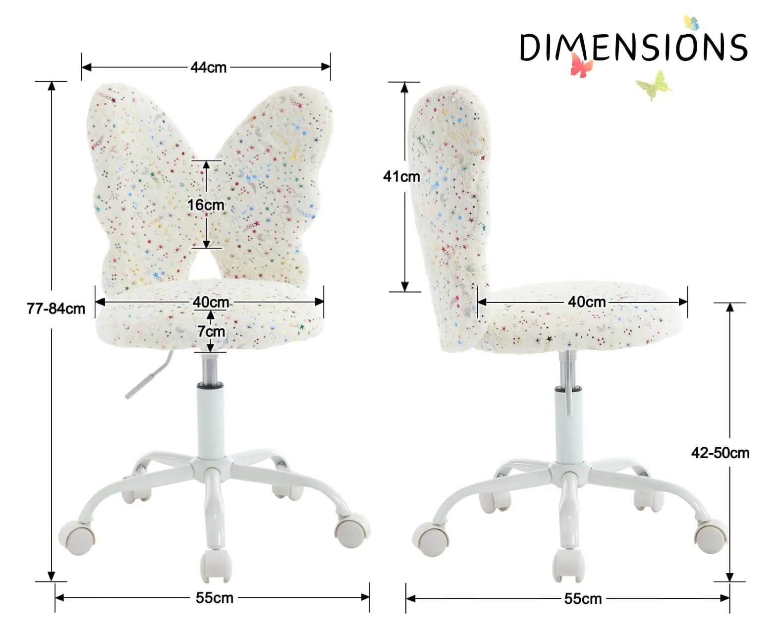 chairus Silla de Escritorio Infantil de Lana Sintética Silla Giratorio de Estudio con Forma de Mariposa, Silla Estudiante Habitación con Ruedas Silenciosas para Niños/Juvenil, Blanco