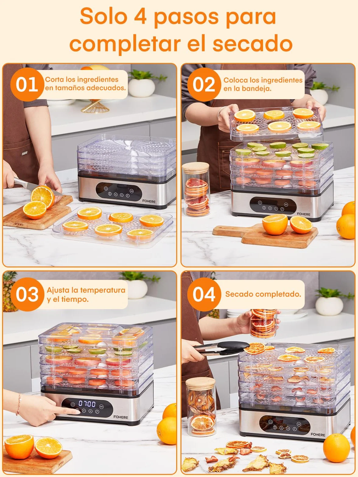 Deshidratador de Alimentos FOHERE 420W 5 Bandejas Inox Pantalla LED Temporizador Temperatura 35-70°C