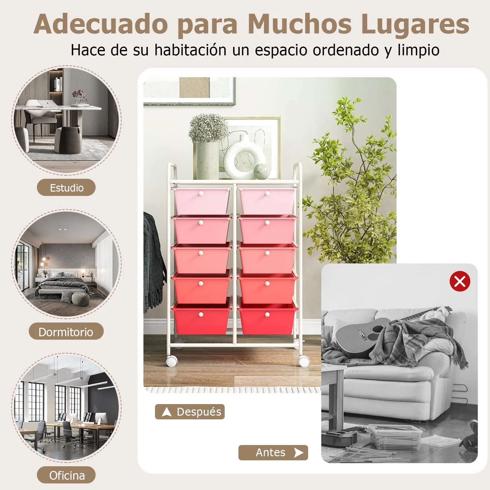 GOPLUS Carrito Auxiliar con 10 Cajones y Ruedas Giratorias Bloqueables, Organizador de Almacenamiento, Carrito de Utilidad Ligero y de Multiusos para la Escuela Oficina Casa (Rosa)