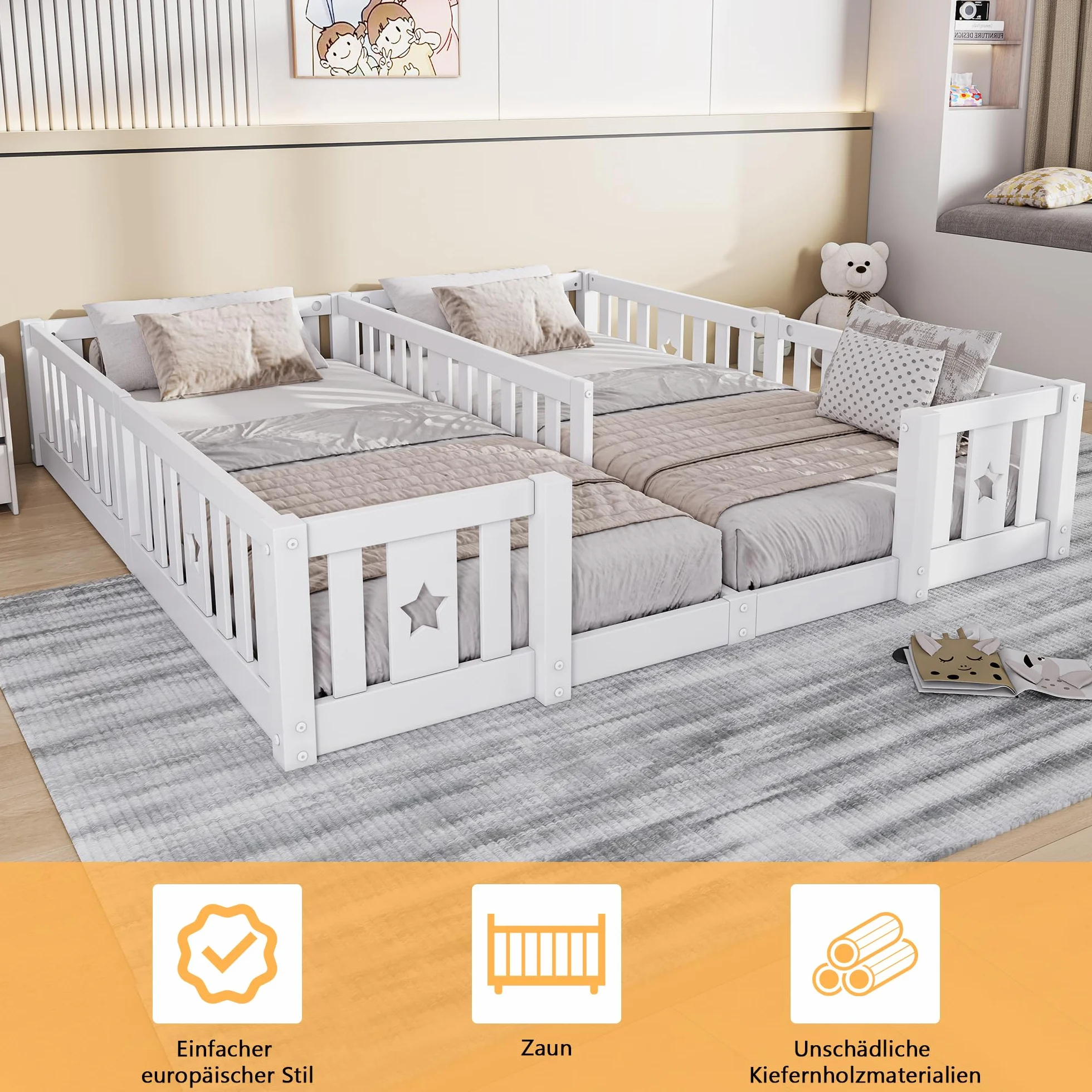 Montessori Cama infantil doble 2 x (90 x 200 cm), marco de madera con barrera de seguridad para 2 niños, color blanco y sin somier de láminas)