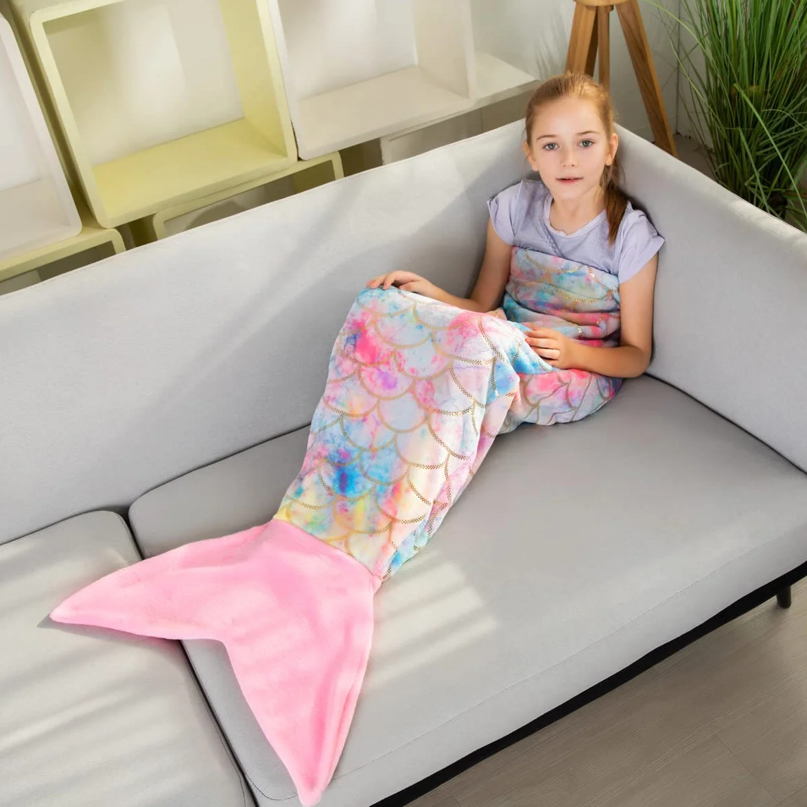 Mantas de cola de sirena brillantes y atractivas y acogedoras de franela suave con arco iris, coloridas para niñas amantes de todas las estaciones en el sofá cama (color rosa oscuro, escolar)