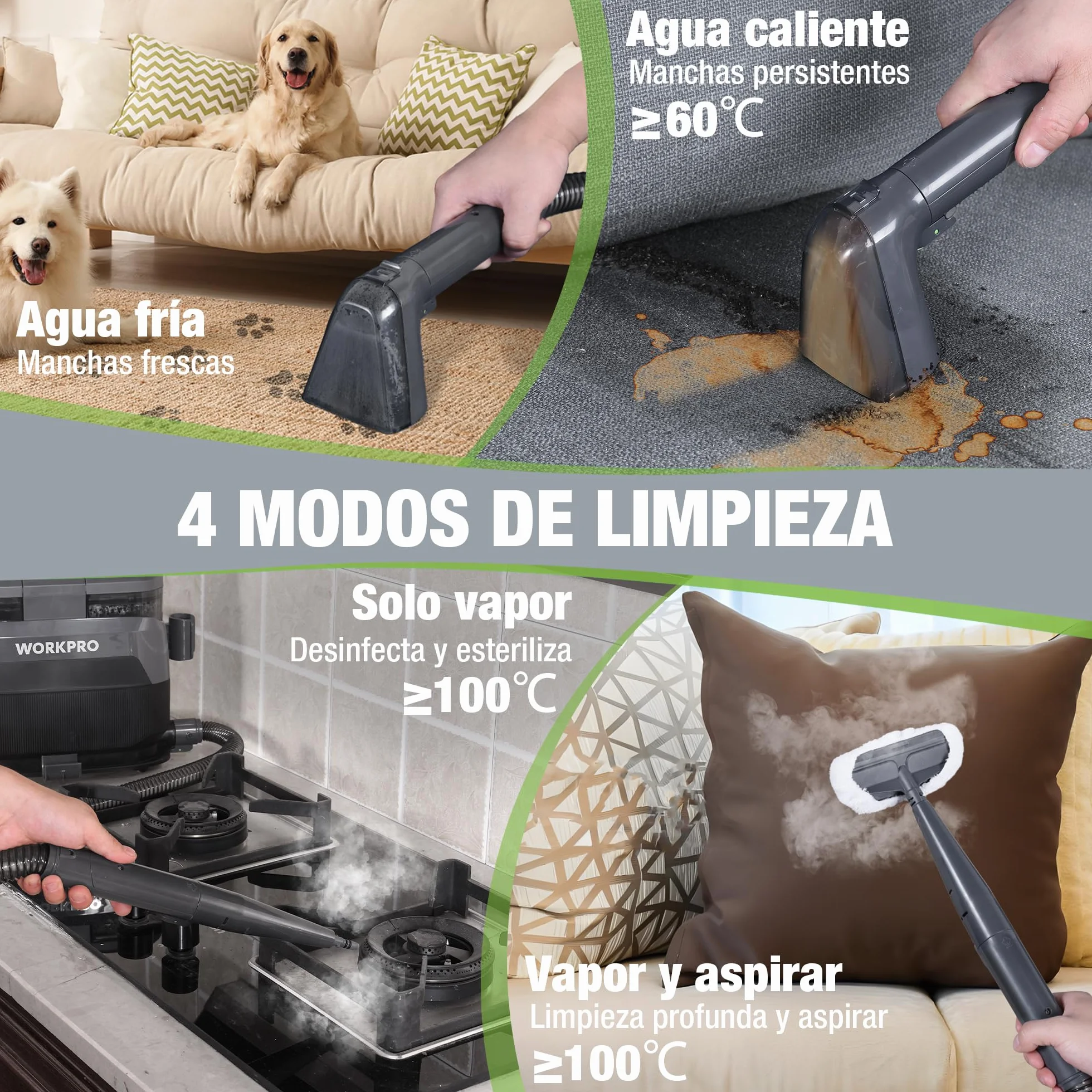 WORKPRO Limpiador de Tapicerías y Alfombras a Vapor con Aspirador 4 en 1, Potente Succión 16 kPa, Accesorios para Suciedad de Mascotas, Sofás, Colchones, Cortinas, Asientos de Coche