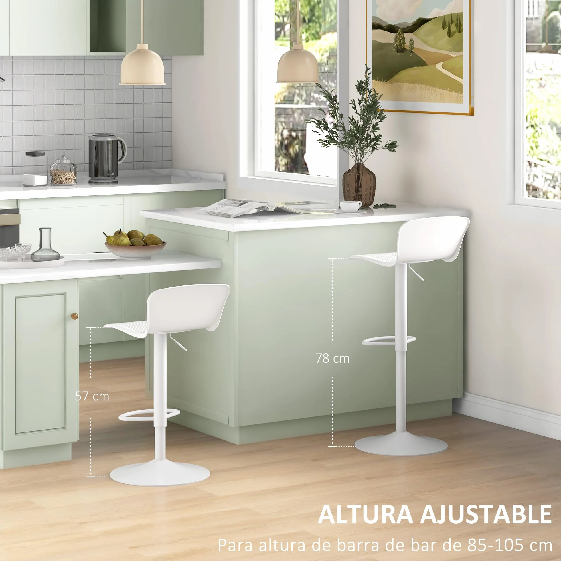 HOMCOM Conjunto de 2 Taburetes Altos de Cocina Sillas Altas Giratorias con Respaldo y Altura Ajustable Carga 120 kg para Bar Salón Comedor Blanco