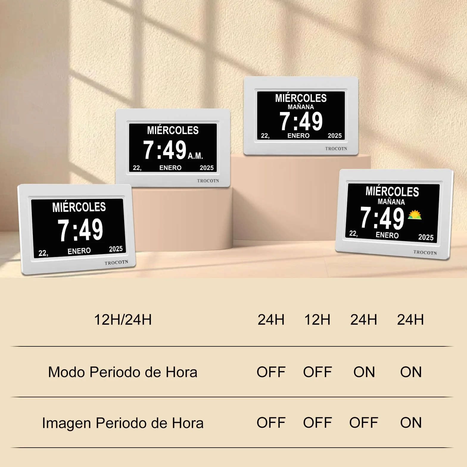 TROCOTN Reloj Digital de 7 Pulgadas, Calendario, Pantalla Grande, Despertador de Pared (Blanco)