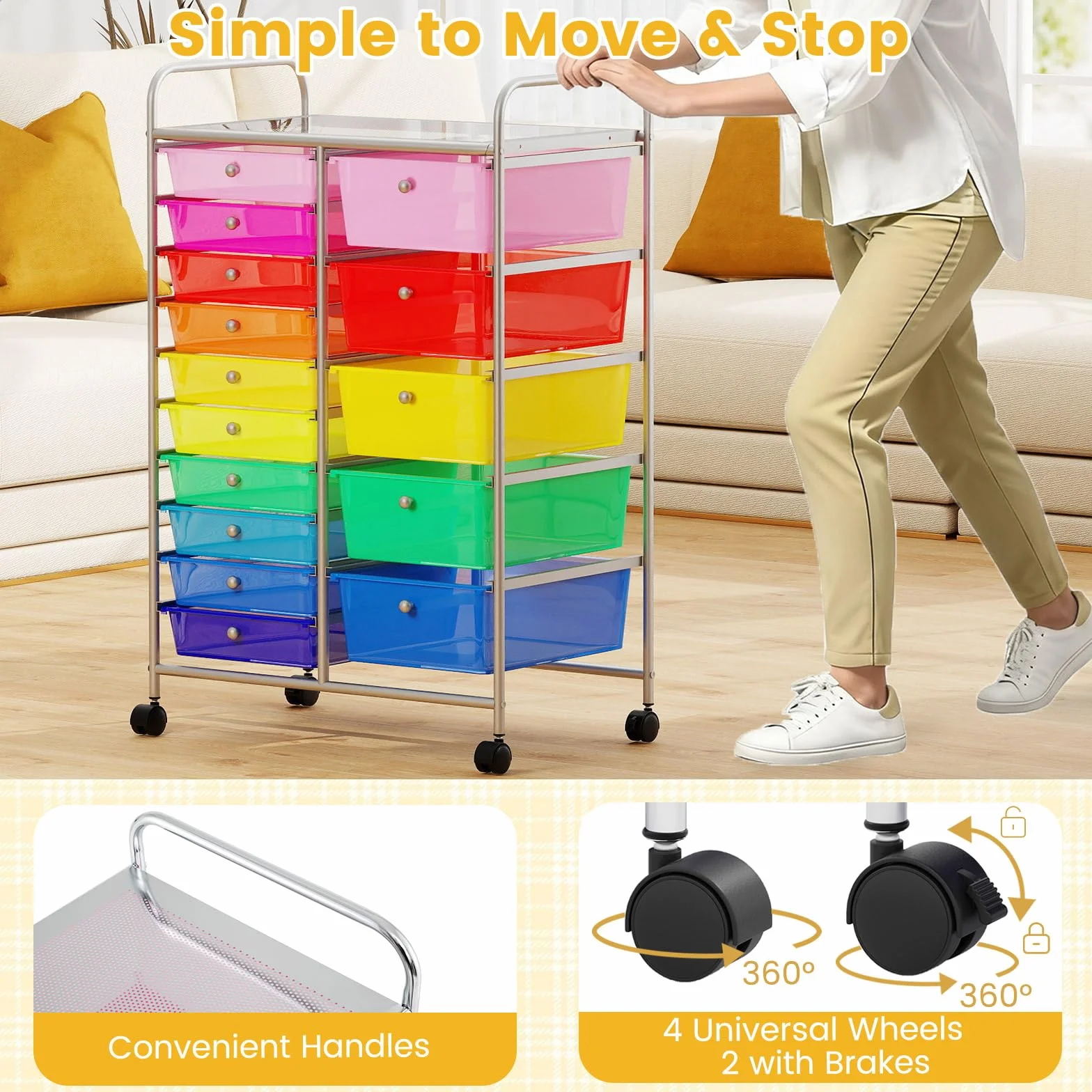 GIANTEX Carro de Almacenamiento 15 Cajones de Plástico, Cajonera con 4 Ruedas, Carrito Auxiliar con Marco de Metal, Organizador para Oficina, Salón, Cocina (Transparente Colorido)