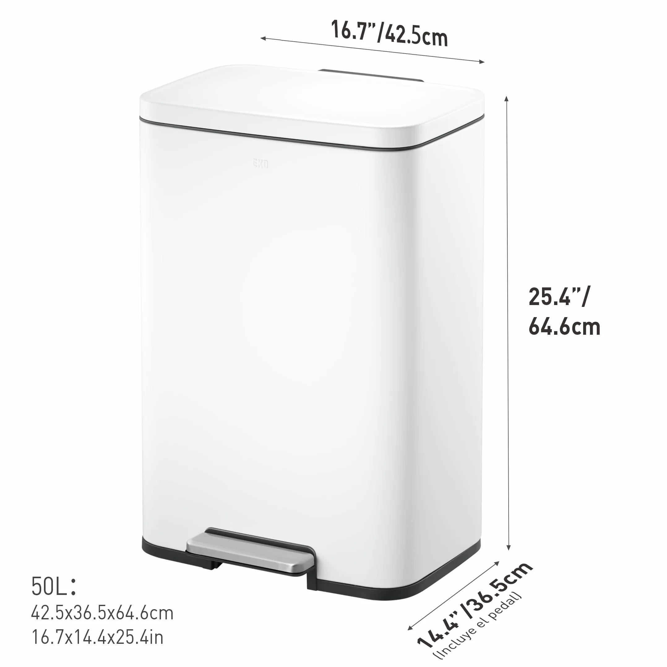 EKO Madison Cubo de Basura de Cocina de 50 l, con Pedal y Tapa con Cierre Suave, Acero Inoxidable Blanco Mate antihuellas, Cubo de Basura Moderno y Resistente, Grande